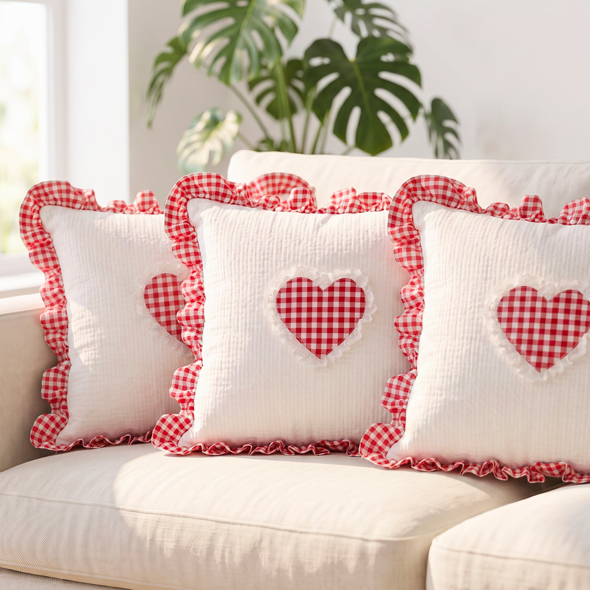 Red Gingham Heart Ruffle Cushion