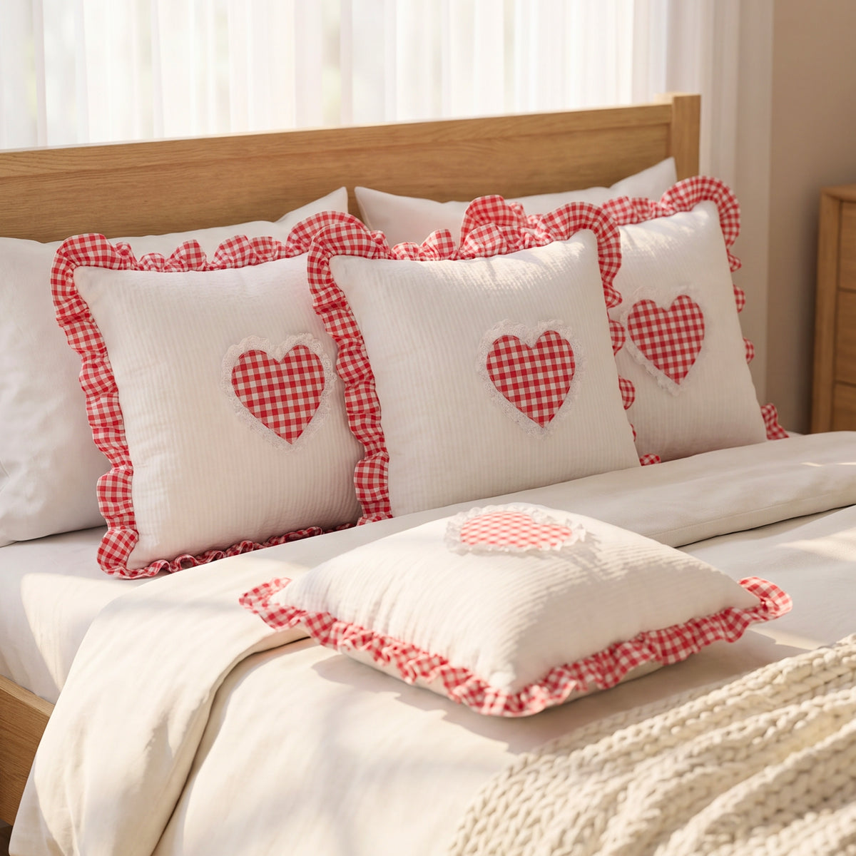 Red Gingham Heart Ruffle Cushion