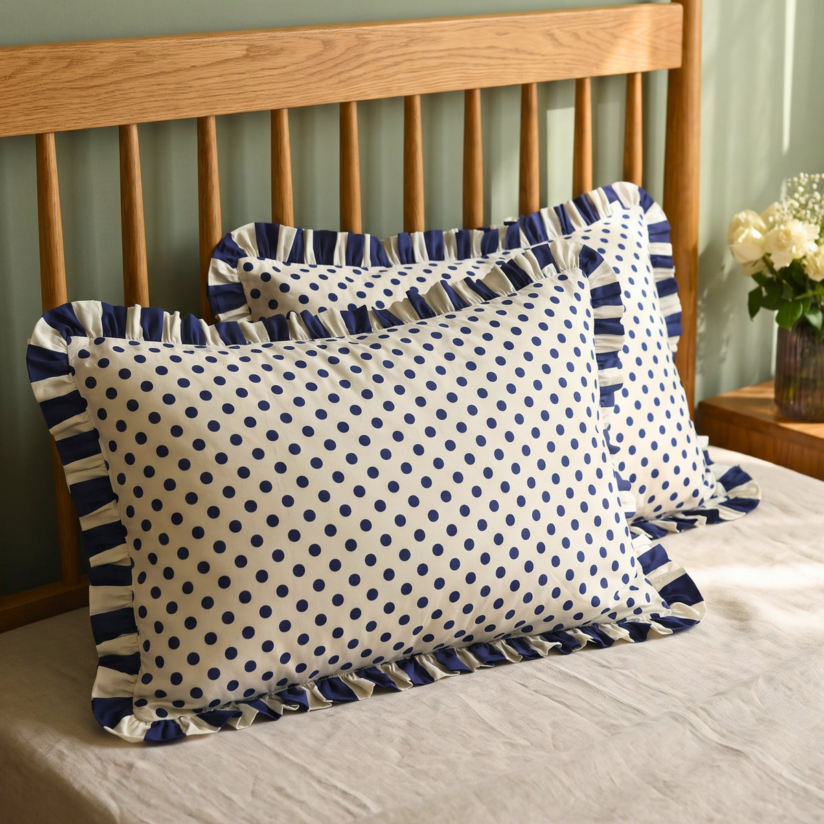 Navy Retro Polka Dot Ruffled Pillow Covers