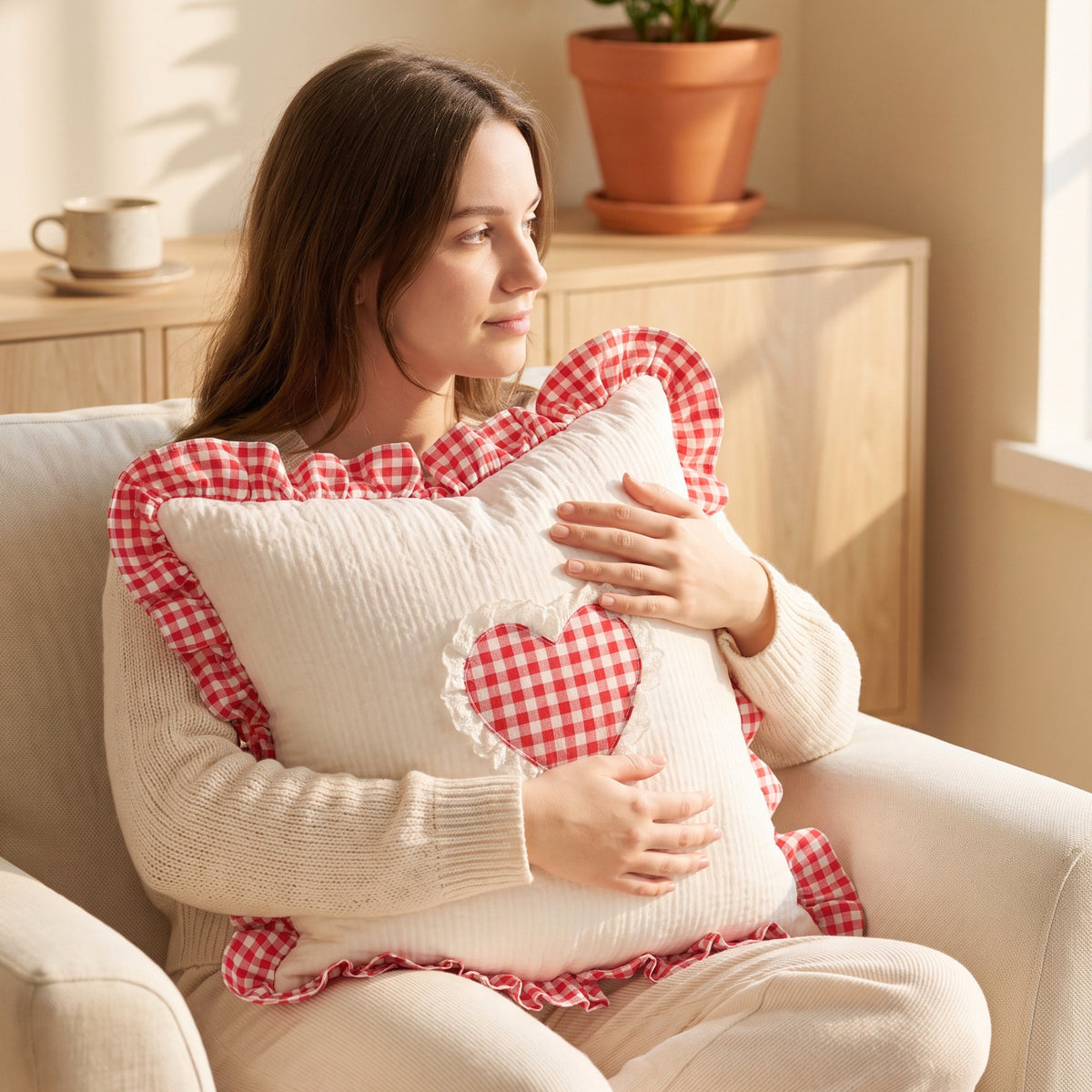 Red Gingham Heart Ruffle Cushion