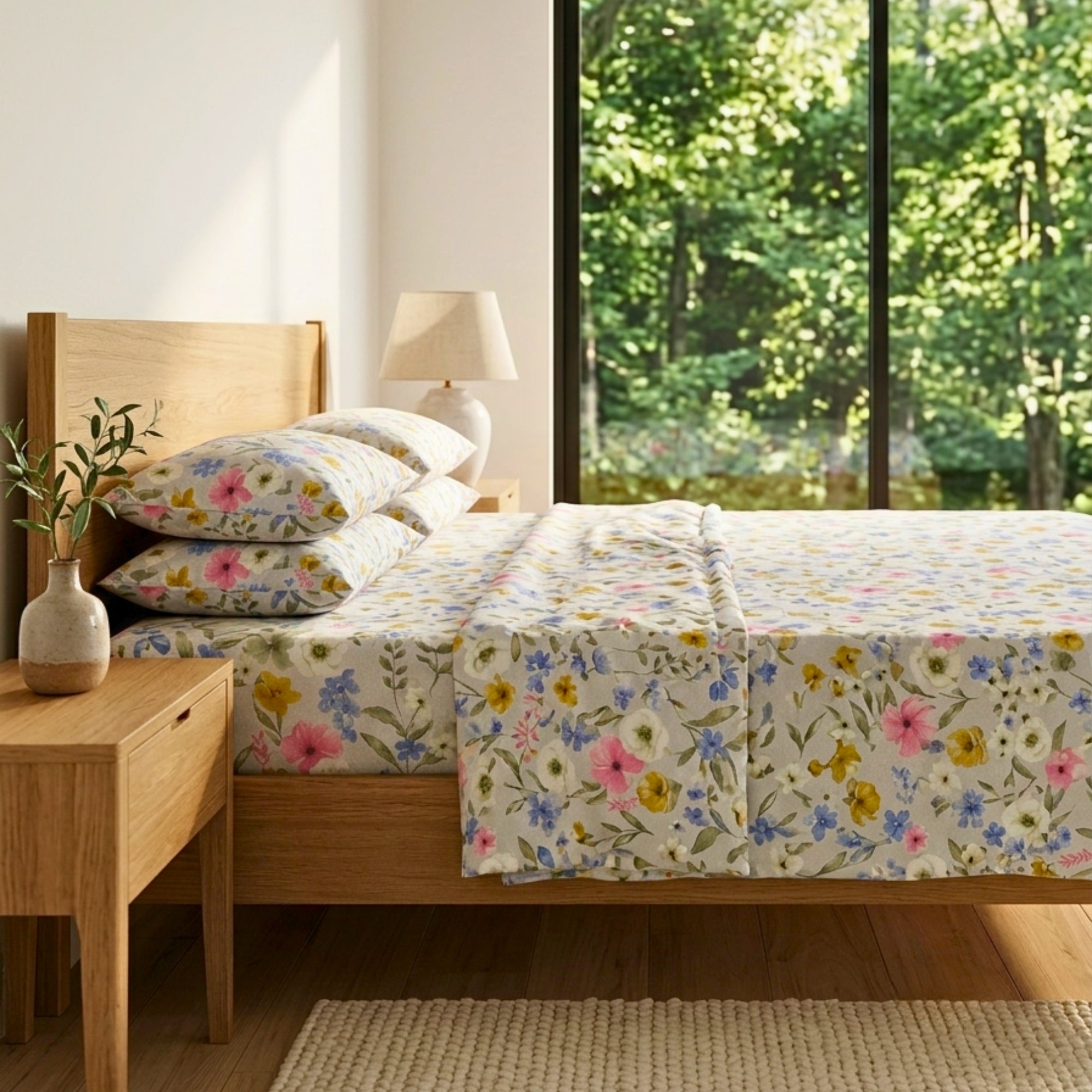 Double Bedsheet White Bedsheet with Yellow, Blue & Pink Floral Print King Size.