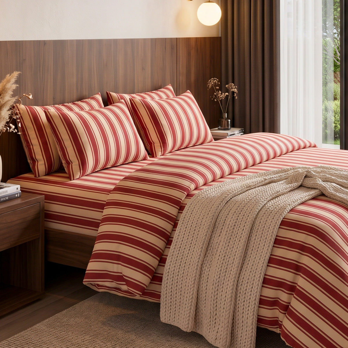 Timeless Maroon Stripe Cotton Bedsheet– 350 TC Cotton