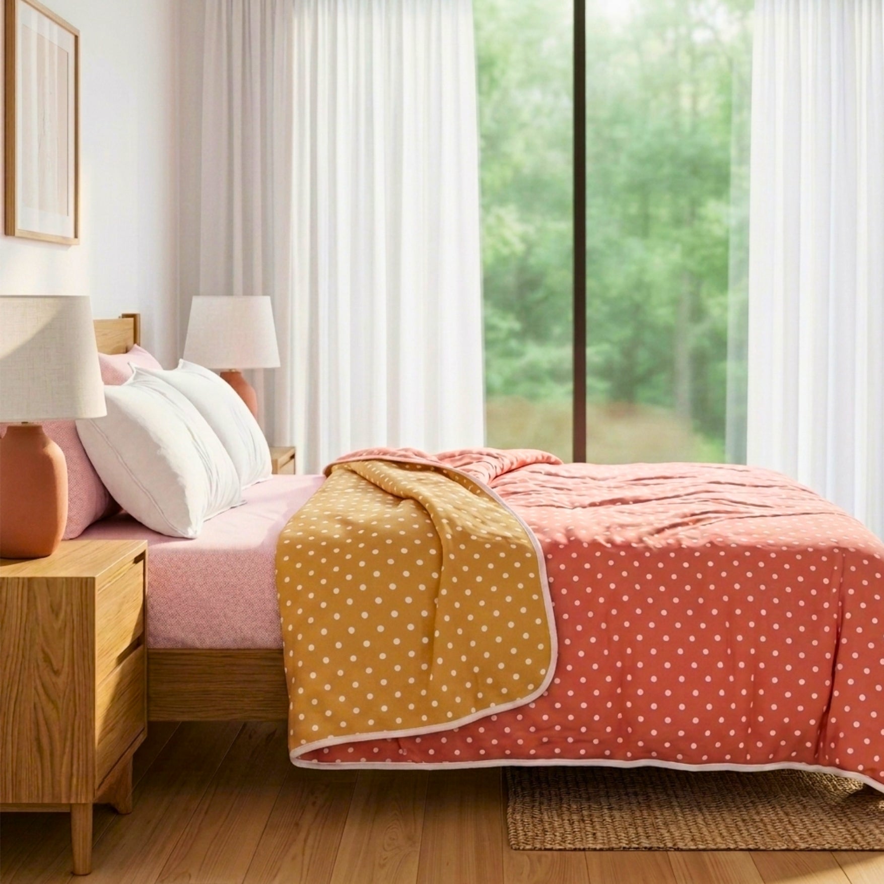 Sleepy Threads Reversible Polka Dot Dohar – Soft Cotton Lightweight AC Blanket for Double Bed | Pink & Mustard