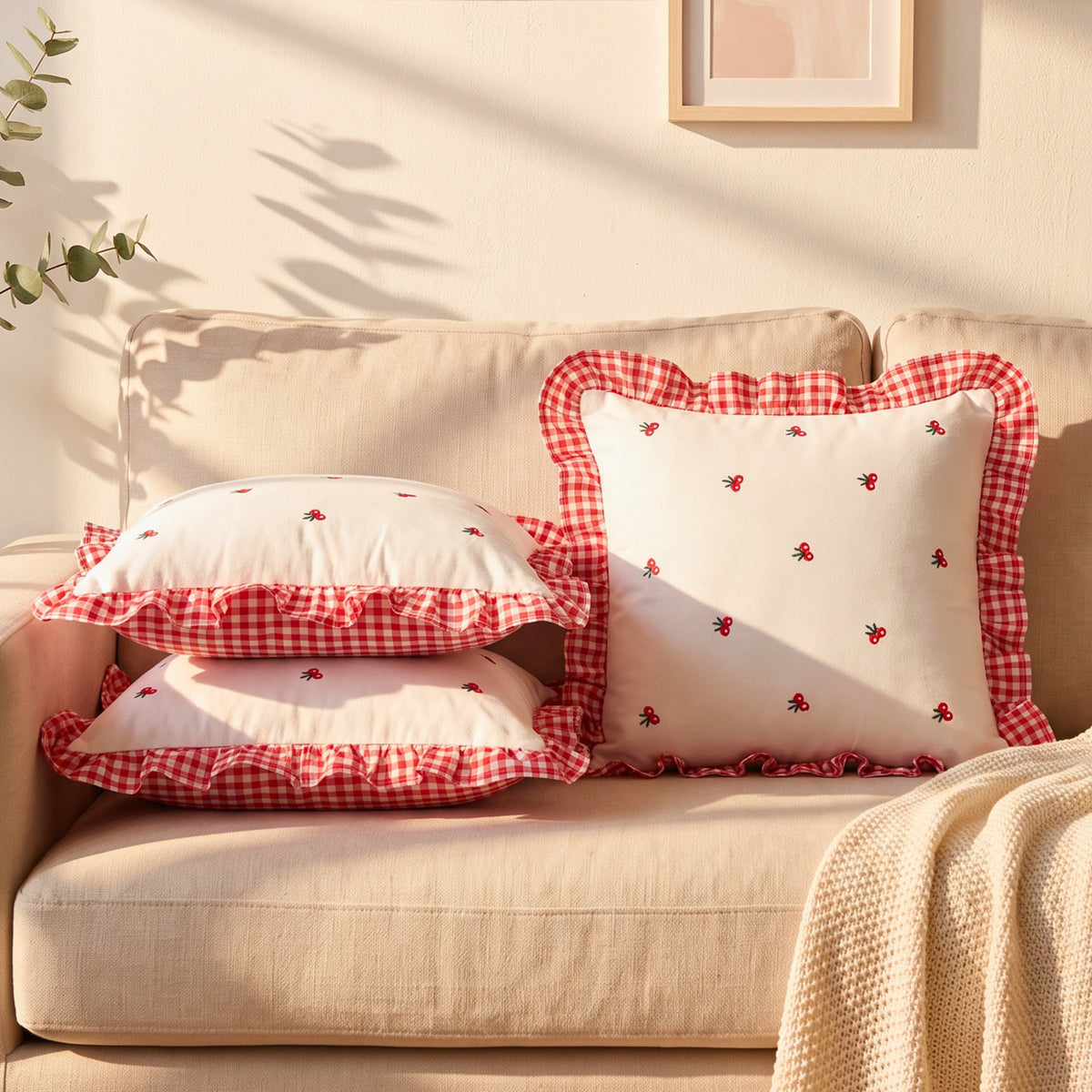 Gingham Ruffle Hand Embroidered Cushion Cover