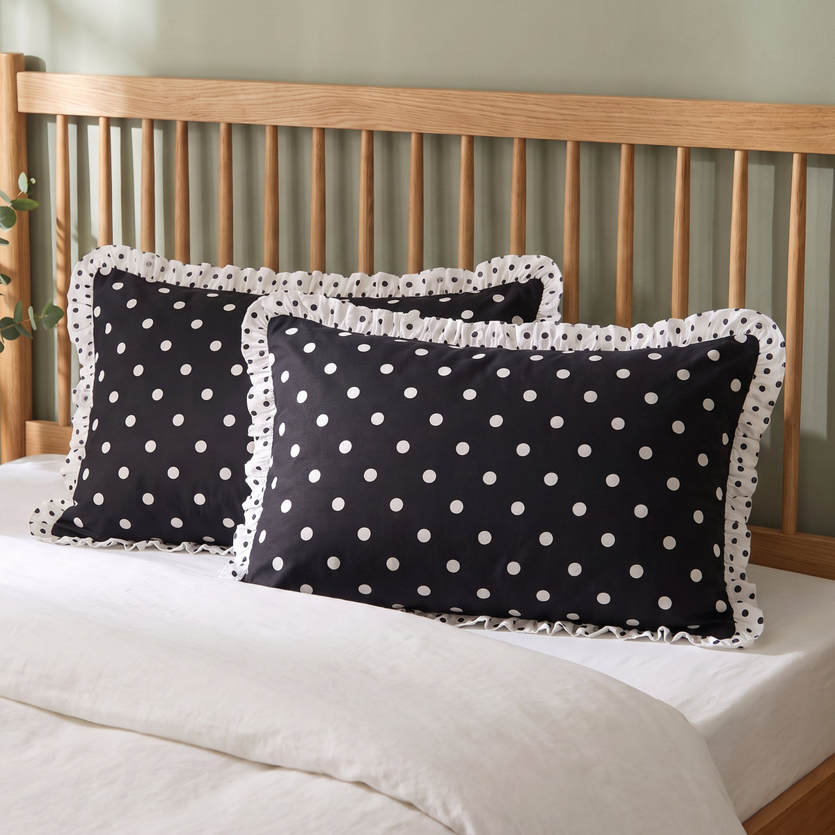 Retro Black & White Polka Dot Pillow Cover with Ruffled Edges