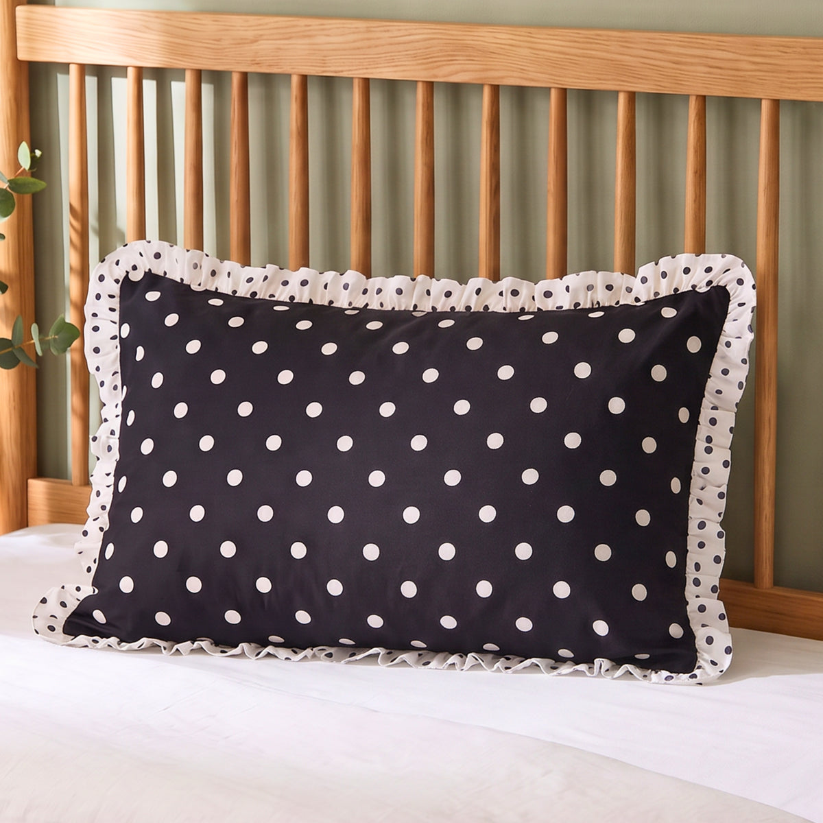 Retro Black & White Polka Dot Pillow Cover with Ruffled Edges