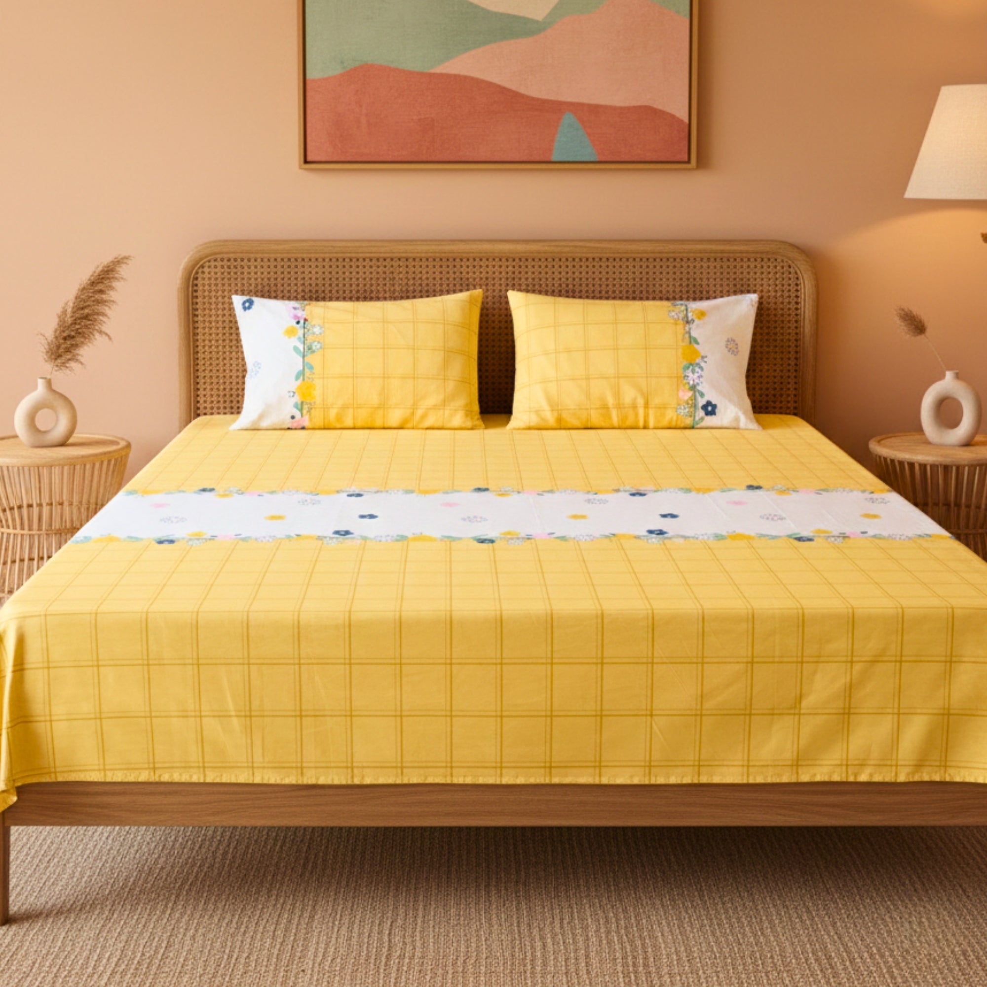 Bedsheet for Double Bed Yellow Checkered with Floral Border Queen Size.