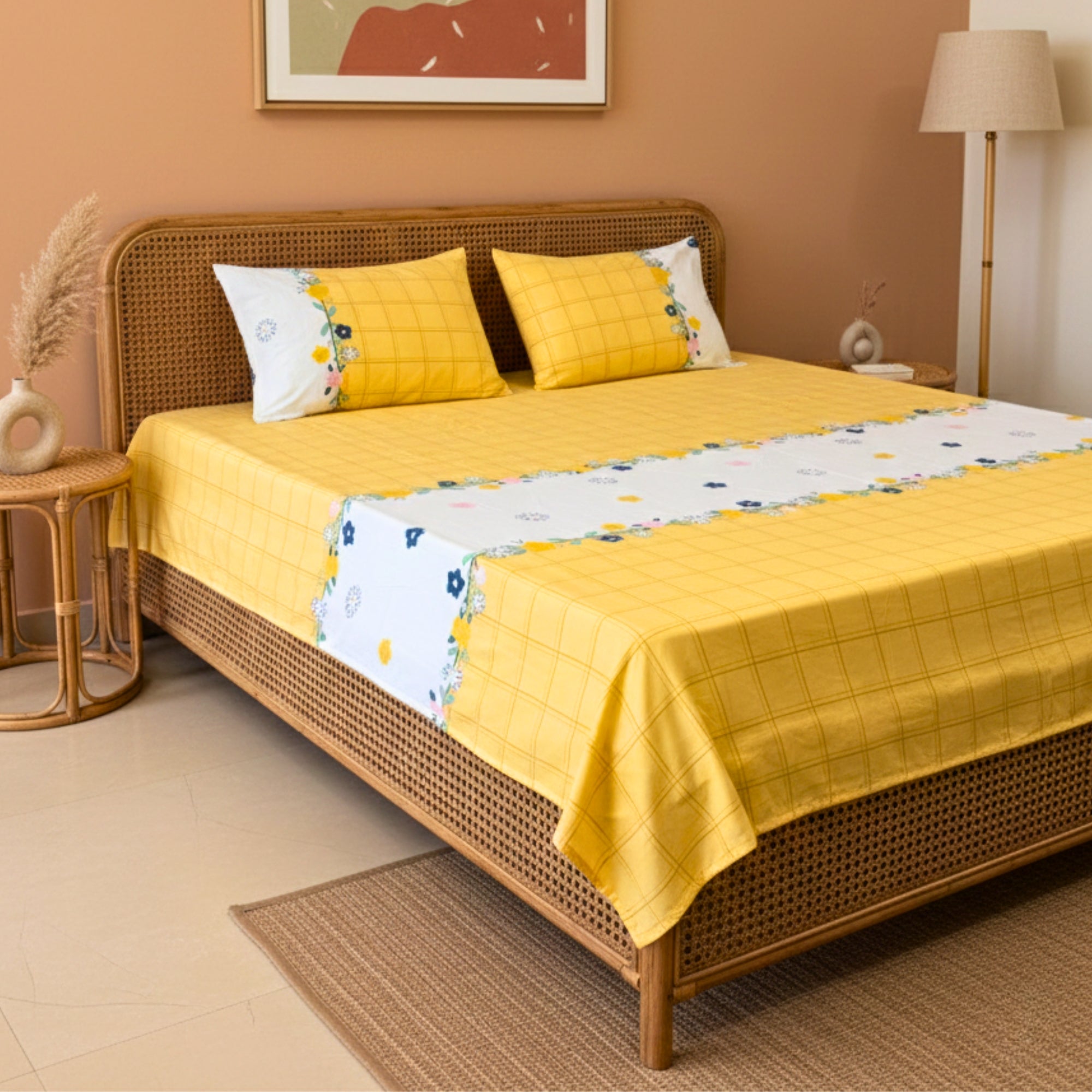 Bedsheet for Double Bed Yellow Checkered with Floral Border Queen Size.