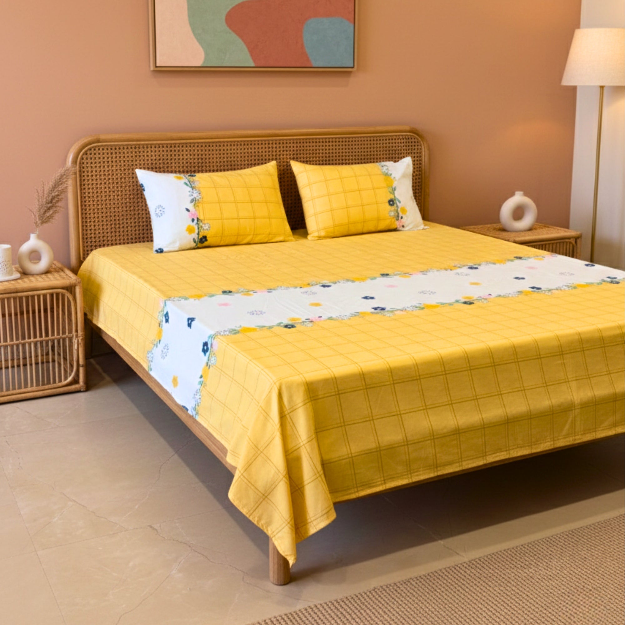 Bedsheet for Double Bed Yellow Checkered with Floral Border Queen Size.