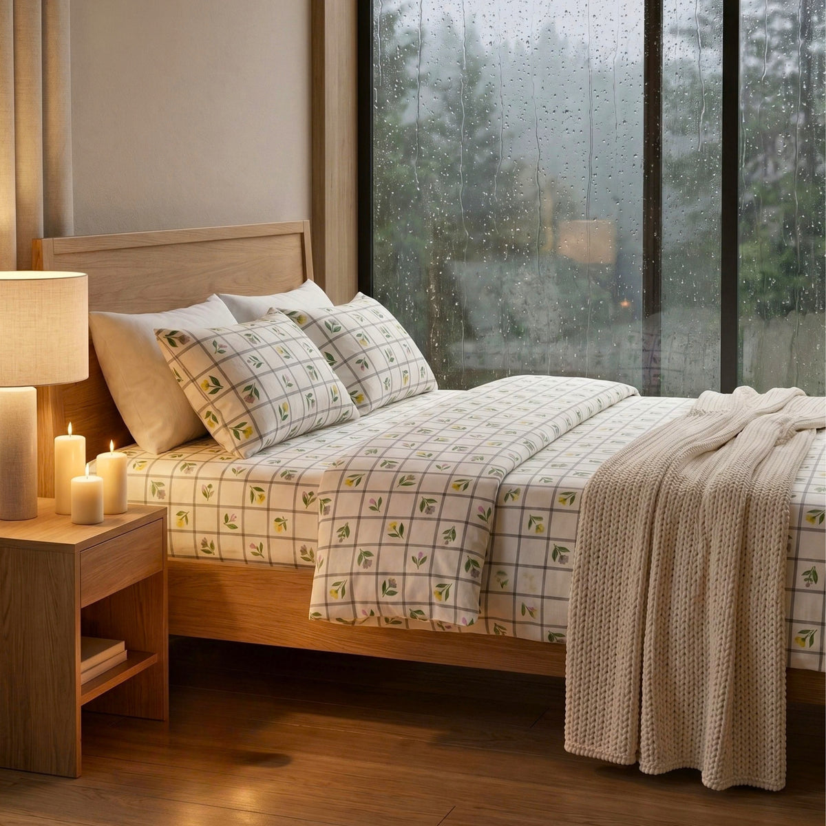 Sage Green & White Grid Pattern with Dainty Floral Screen Print Soft, Breathable Flat Sheet King Size