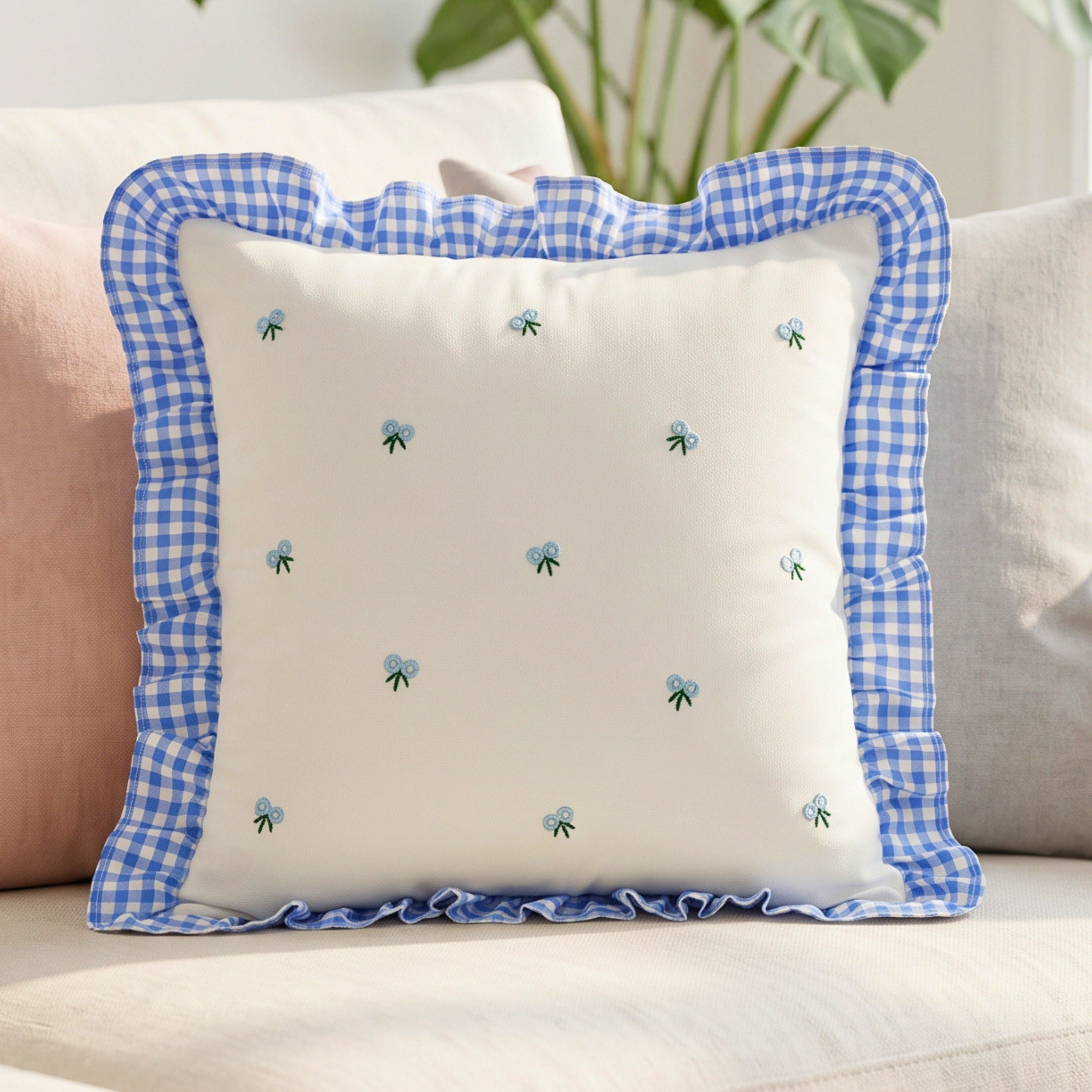 Gingham Ruffle Hand Embroidered Cushion Cover Product Description.