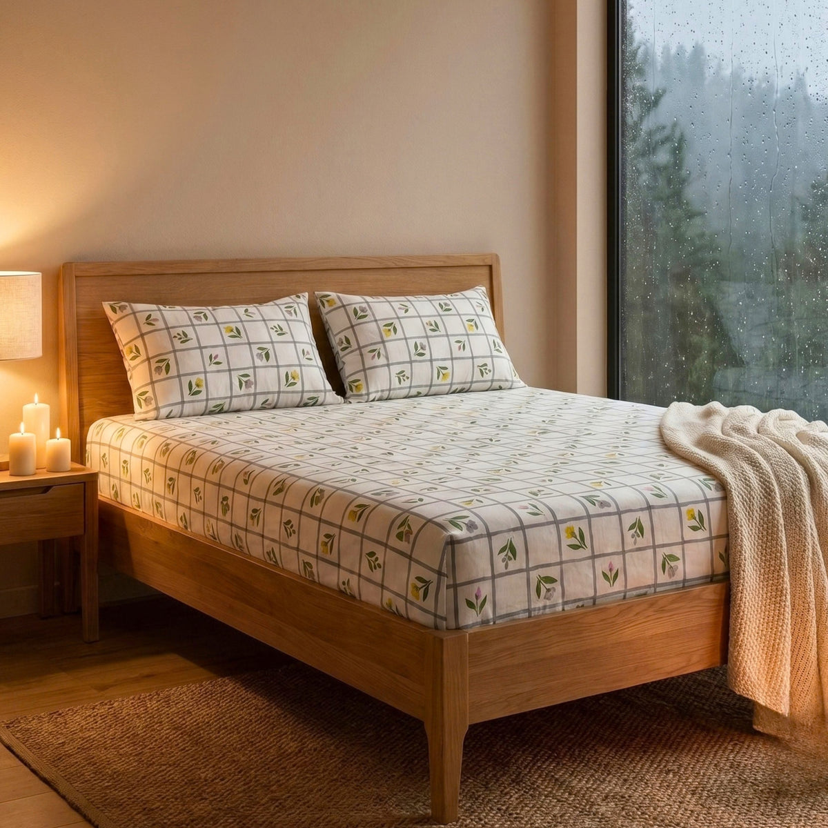 Sage Green & White Grid Pattern with Dainty Floral Screen Print Soft, Breathable Flat Sheet King Size