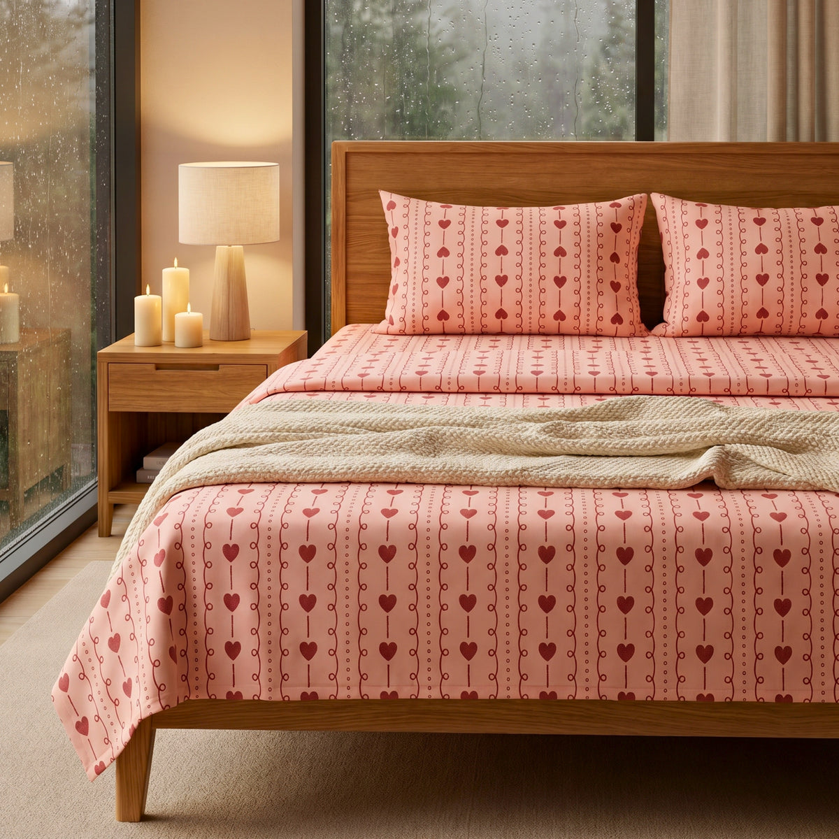 Romantic Red Hearts & Dainty Pink Stripe Pattern Soft, Breathable Screen Printed Flat Sheet King Size