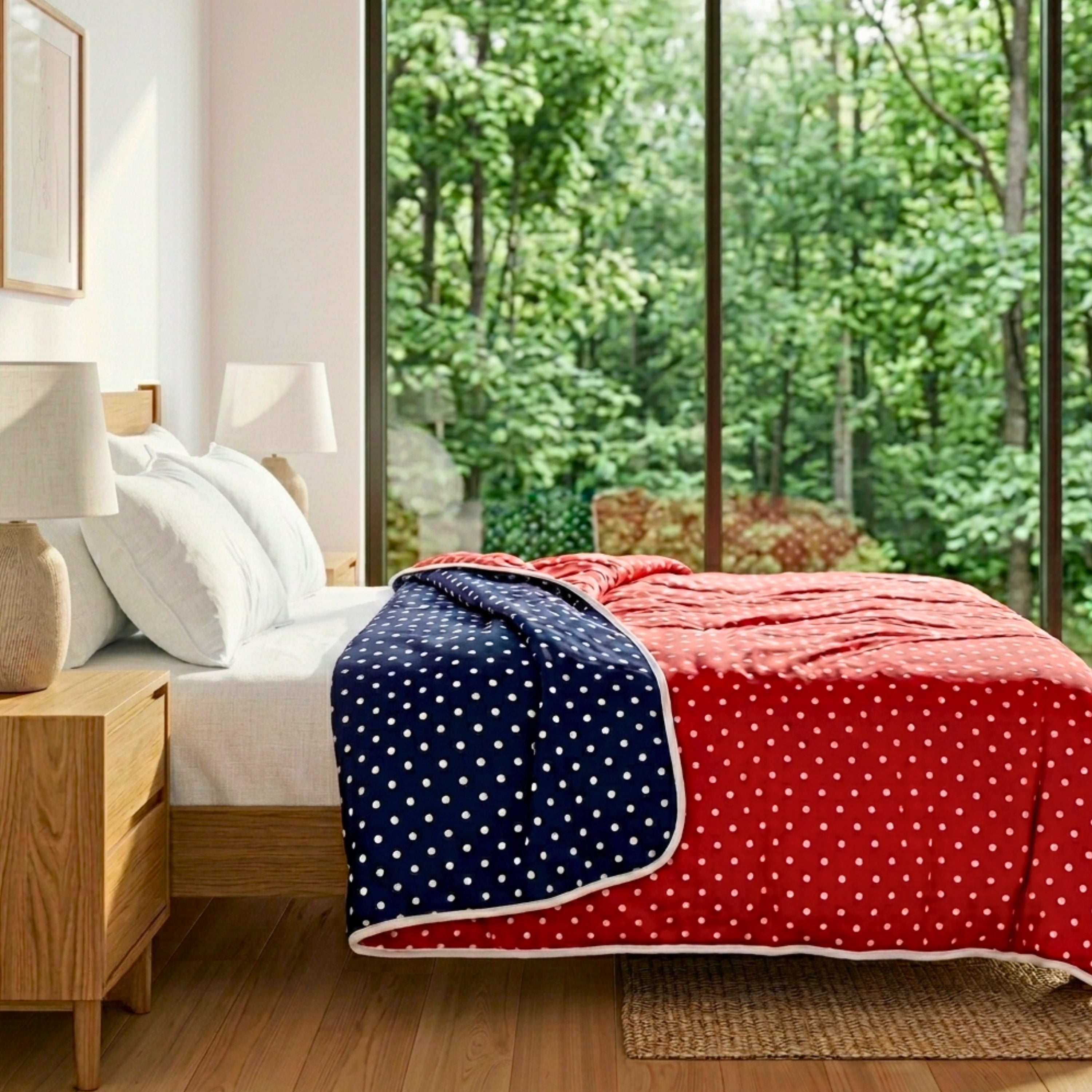 Premium Cotton Dohar for Double Bed | Reversible Polka Dot Design Red & Navy Blue