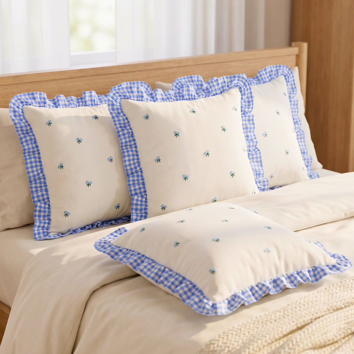 Gingham Ruffle Hand Embroidered Cushion Cover Product Description.