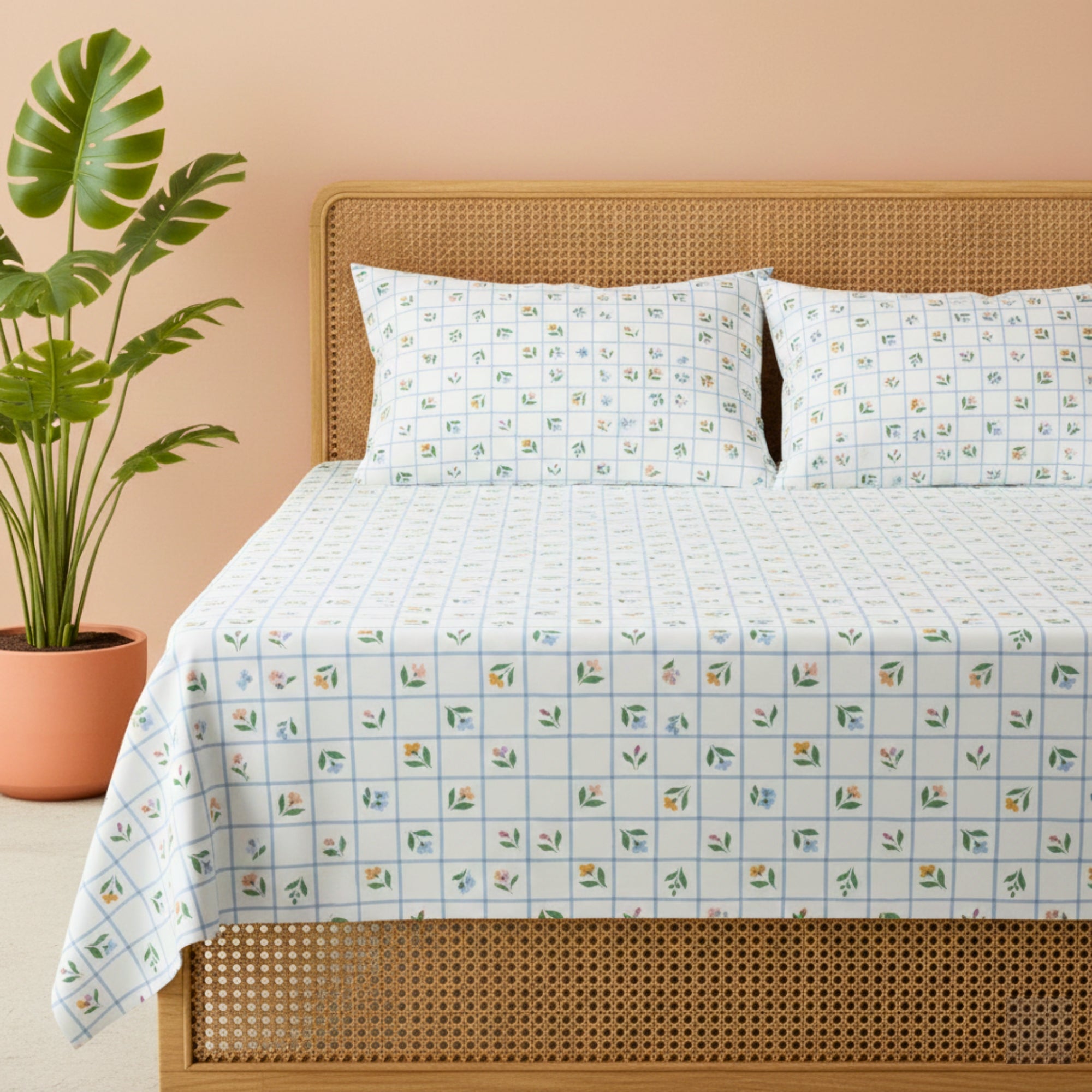 Sage Green & White Grid Pattern with Dainty Floral Screen Print – Soft, Breathable Flat Sheet