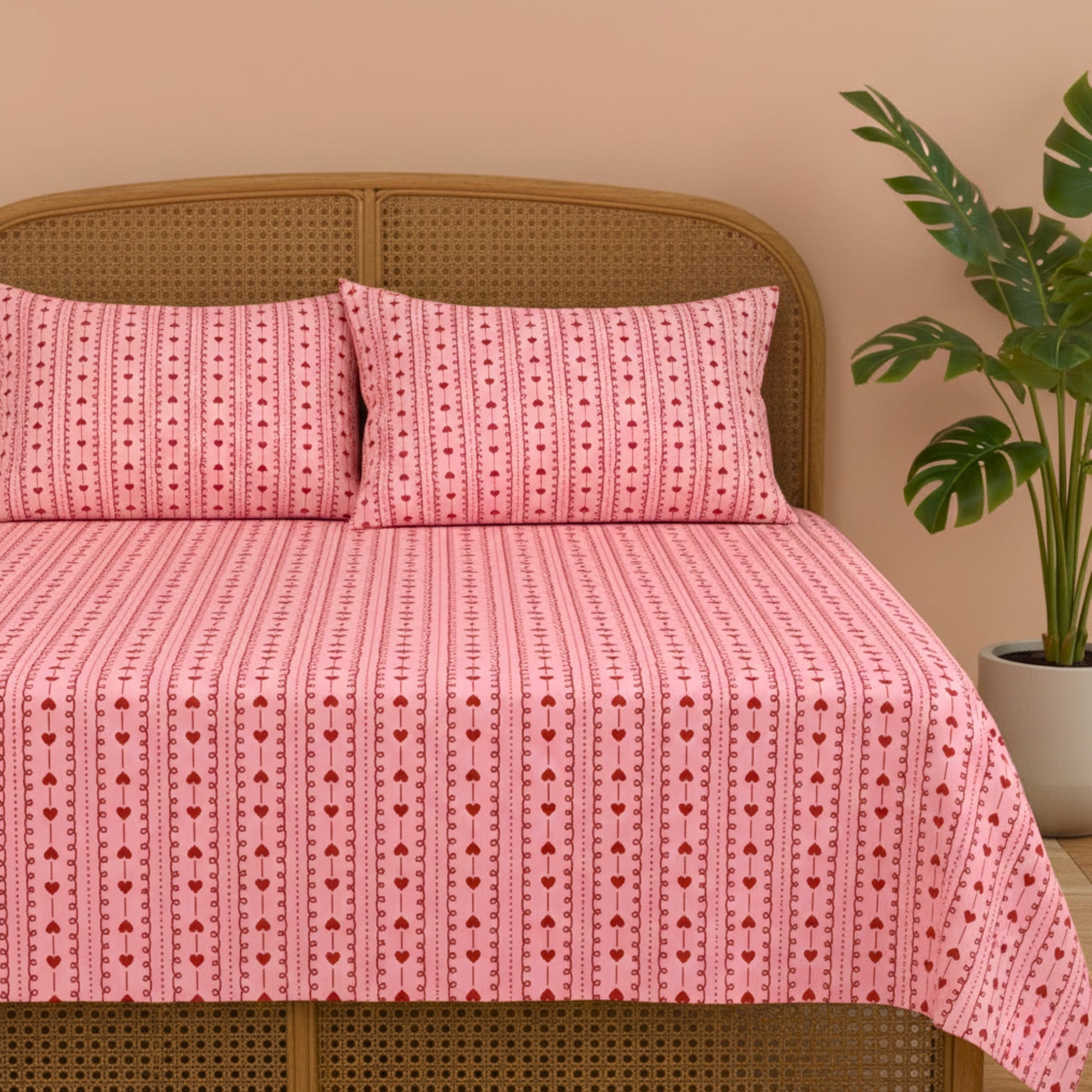 Romantic Red Hearts & Dainty Pink Stripe Pattern – Soft, Breathable Screen Printed Flat Sheet