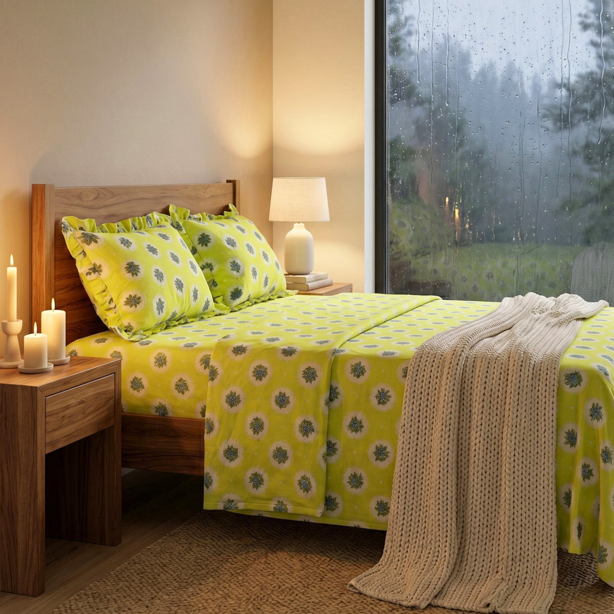 Vibrant Sunshine Yellow Floral Medallion Pattern – Soft, Breathable Screen Printed Flat Sheet King Size