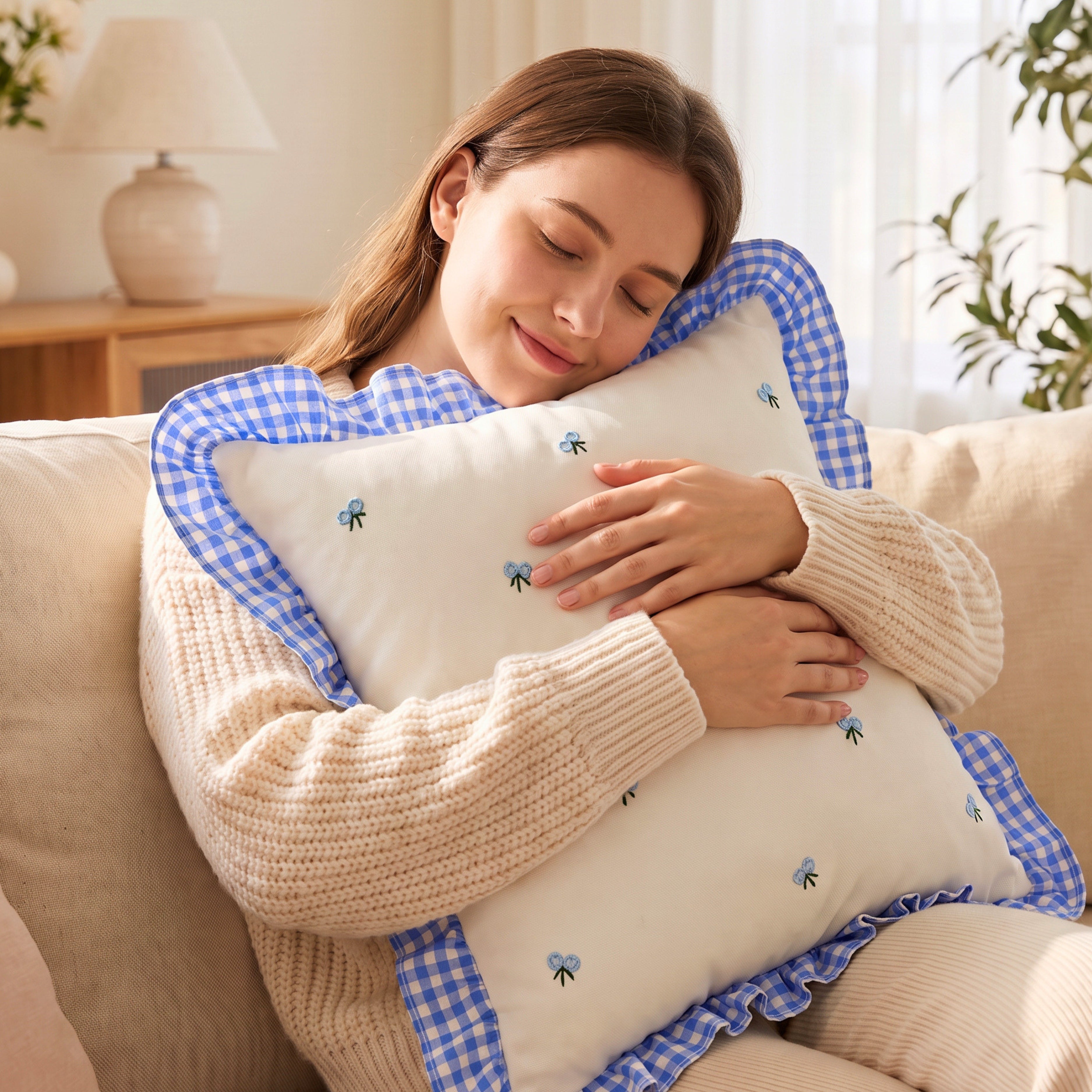 Gingham Ruffle Hand Embroidered Cushion Cover Product Description.