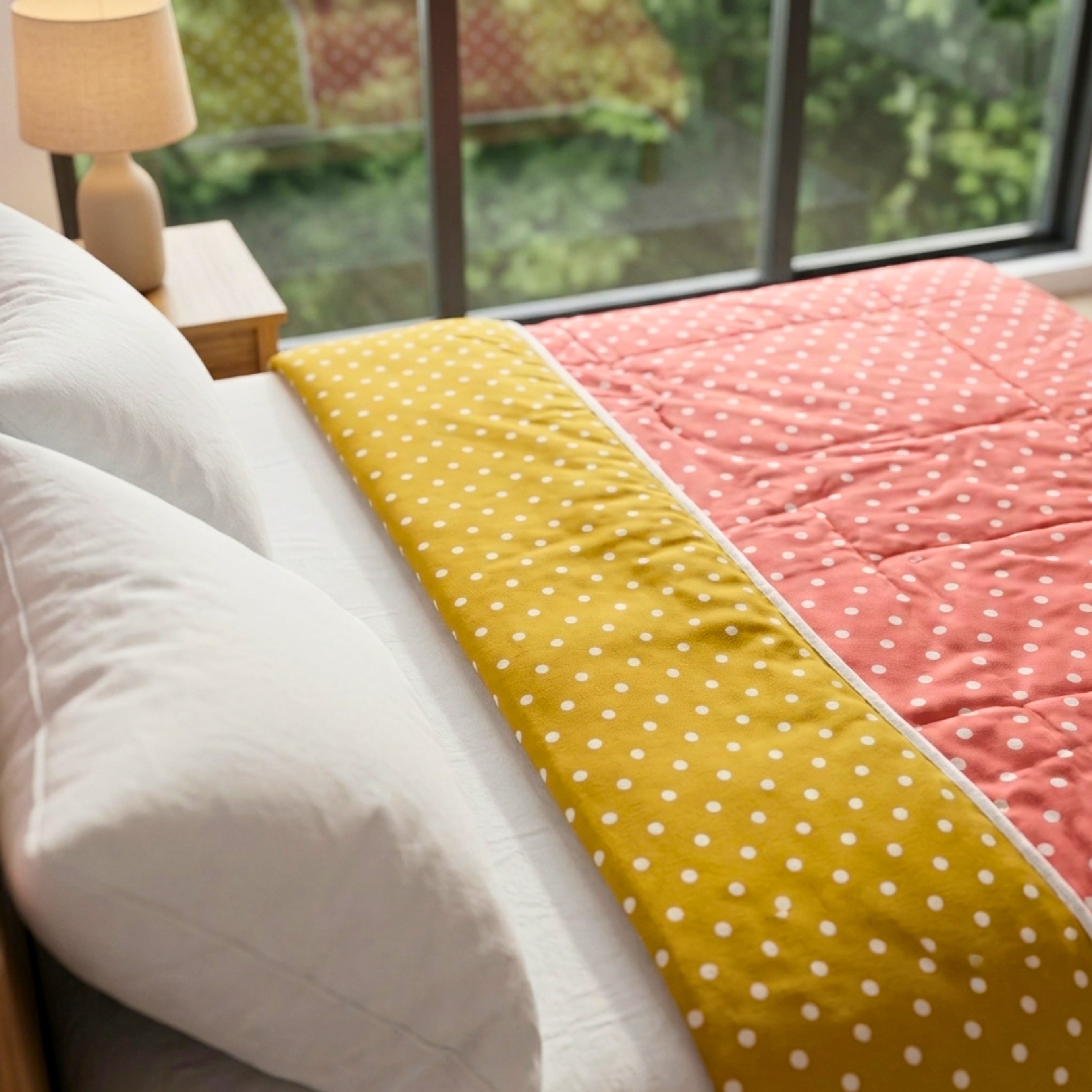 Sleepy Threads Reversible Polka Dot Dohar – Soft Cotton Lightweight AC Blanket for Double Bed | Pink & Mustard