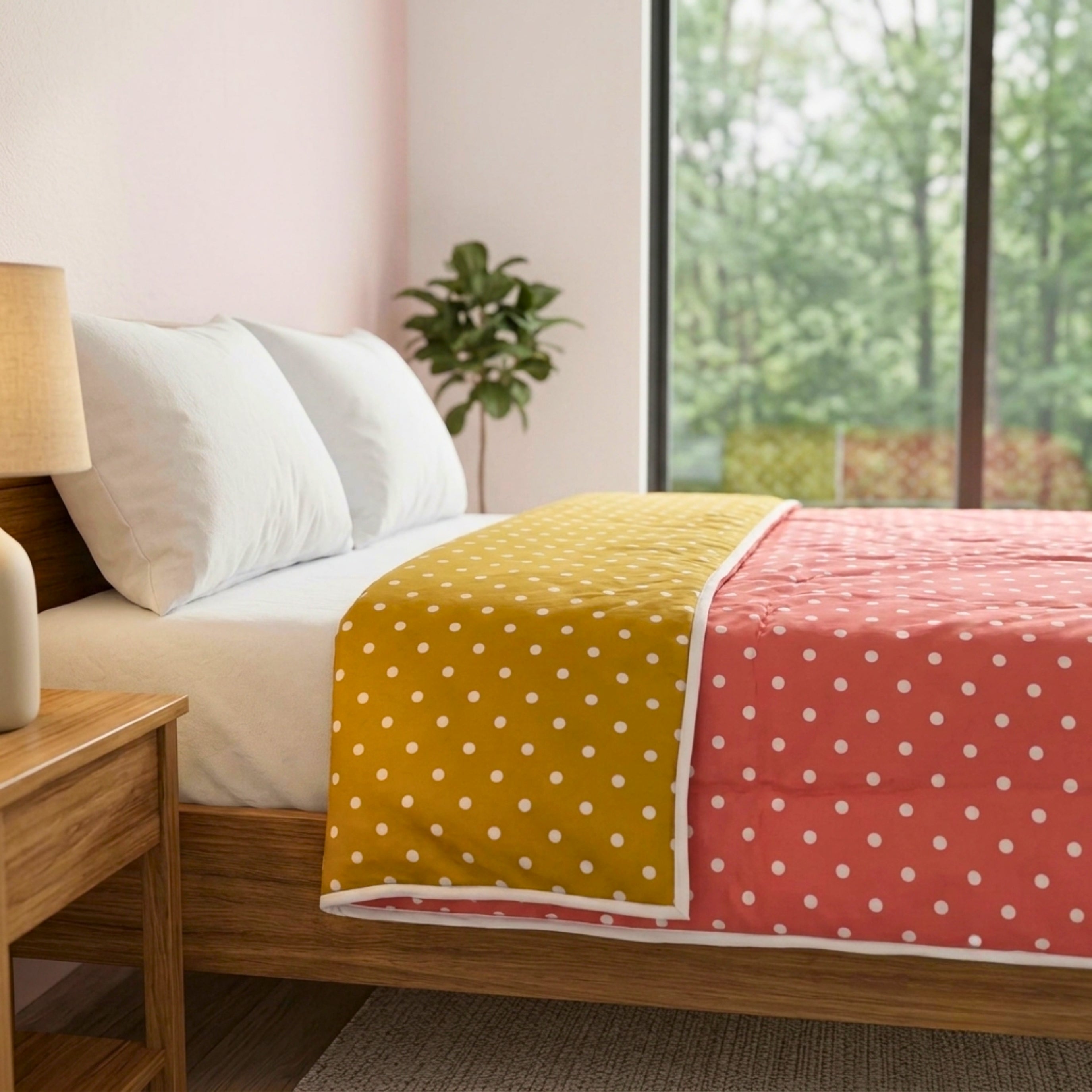 Sleepy Threads Reversible Polka Dot Dohar – Soft Cotton Lightweight AC Blanket for Double Bed | Pink & Mustard