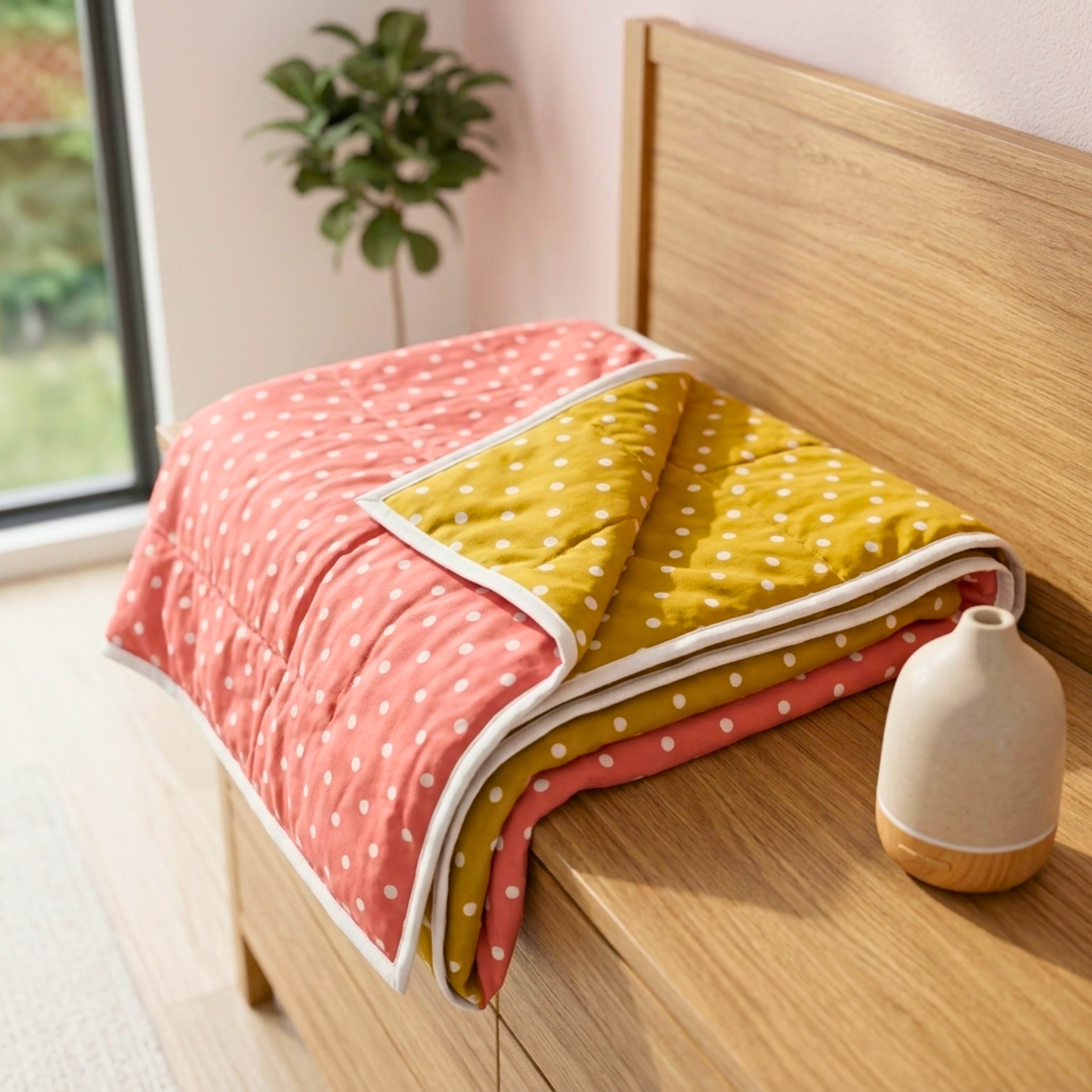 Sleepy Threads Reversible Polka Dot Dohar – Soft Cotton Lightweight AC Blanket for Double Bed | Pink & Mustard