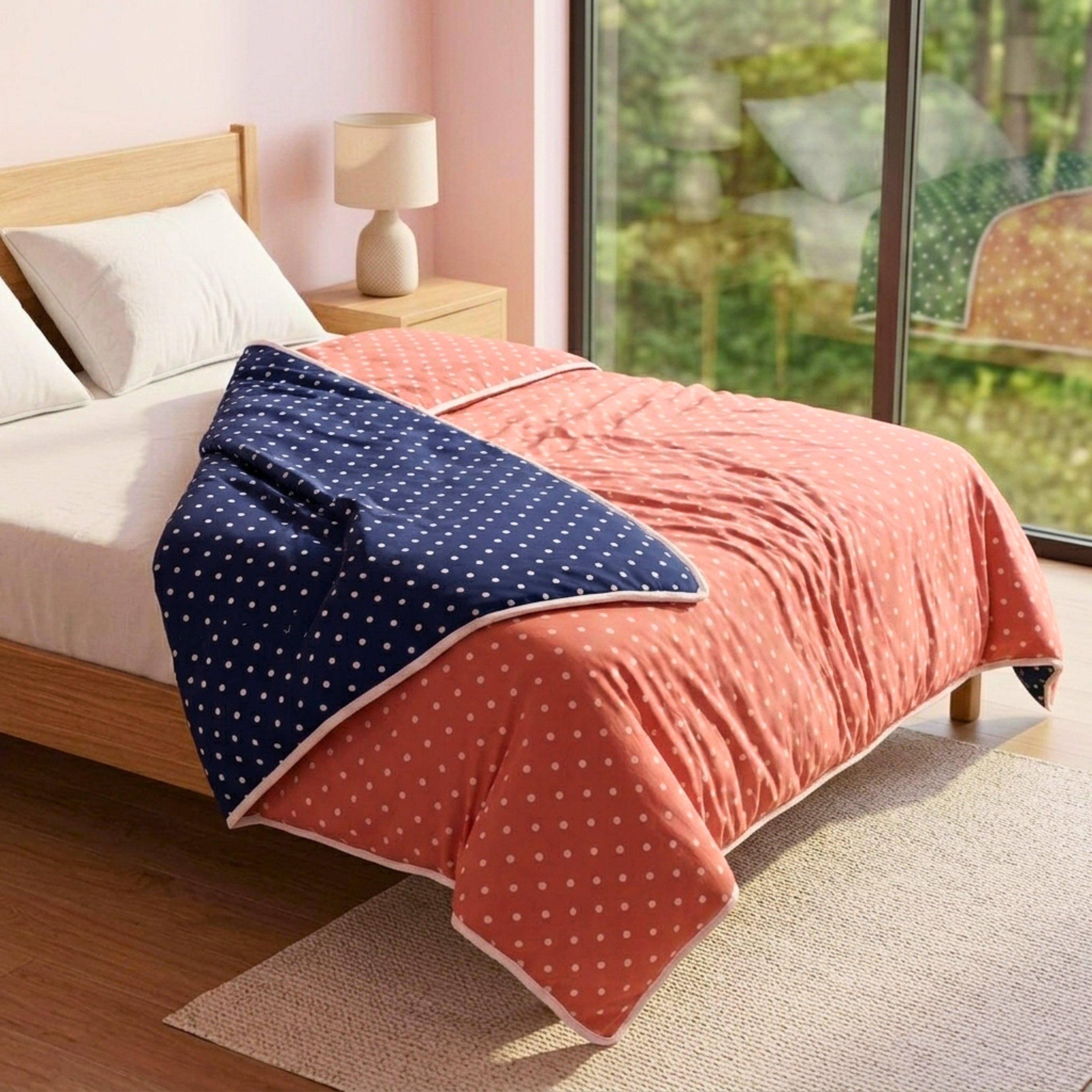 Sleepy Threads Reversible Polka Dot Dohar – Premium Soft Cotton Lightweight AC Blanket for Double Bed | Coral Pink & Navy Blue