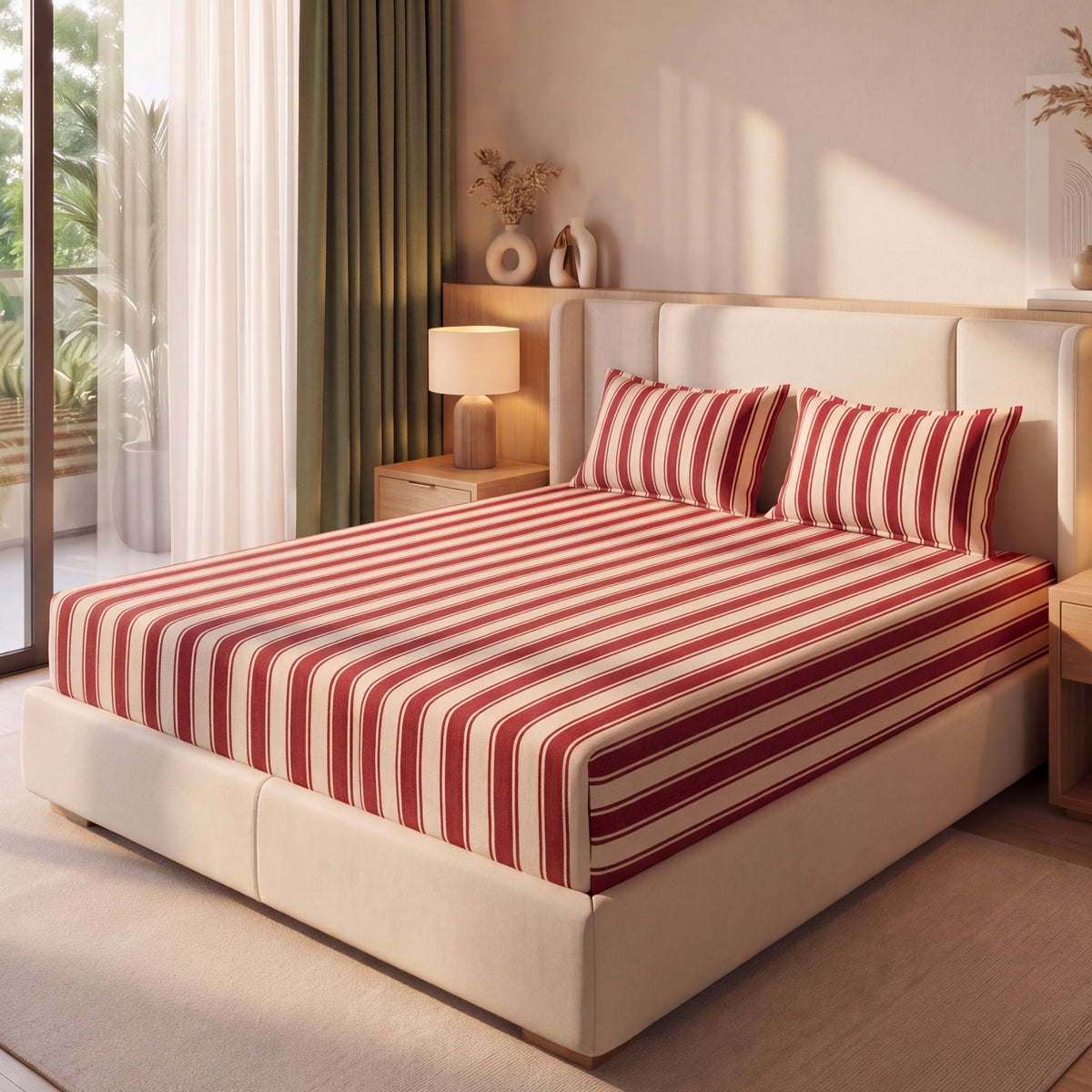 Timeless Maroon Stripe Cotton Bedsheet– 300 TC Cotton