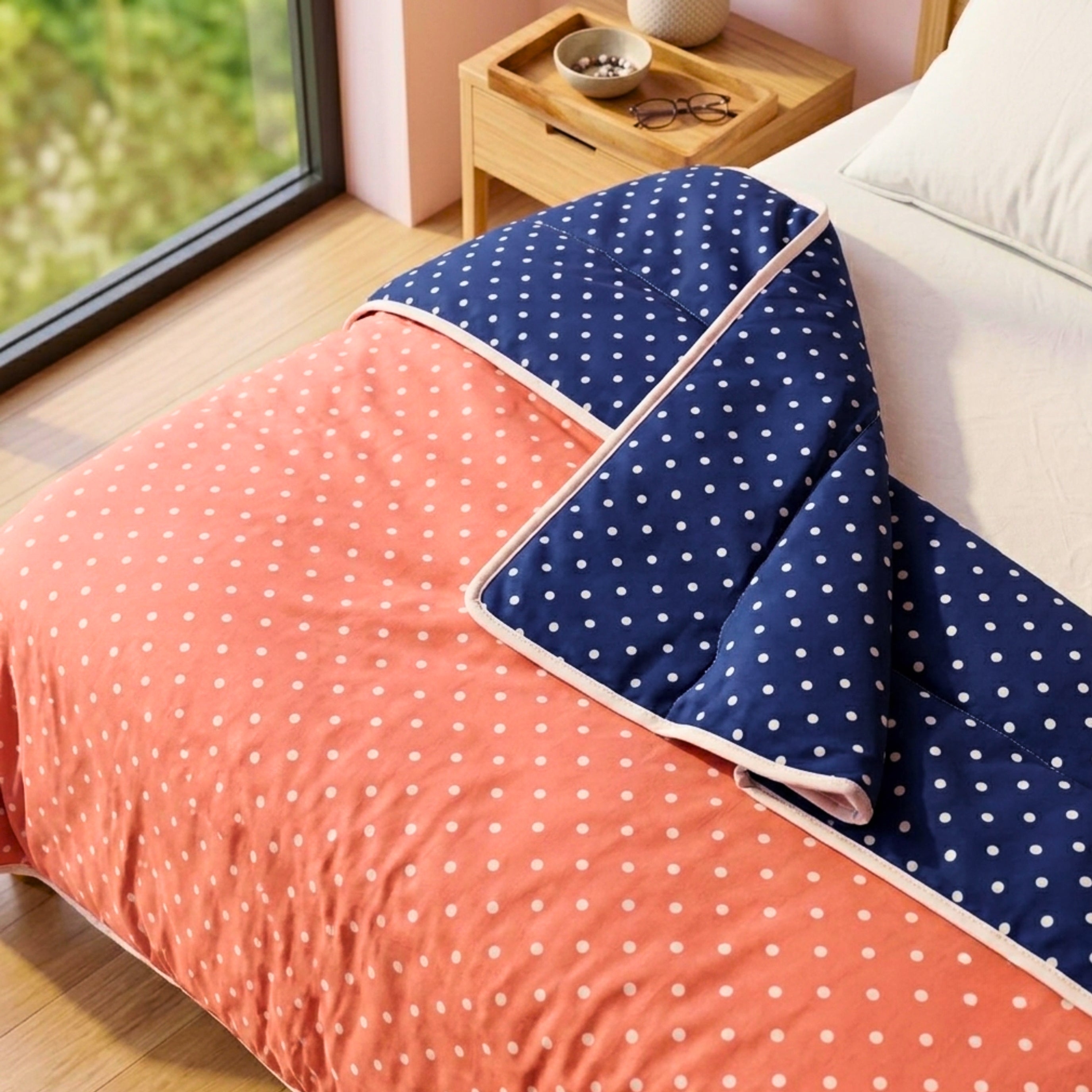 Sleepy Threads Reversible Polka Dot Dohar – Premium Soft Cotton Lightweight AC Blanket for Double Bed | Coral Pink & Navy Blue