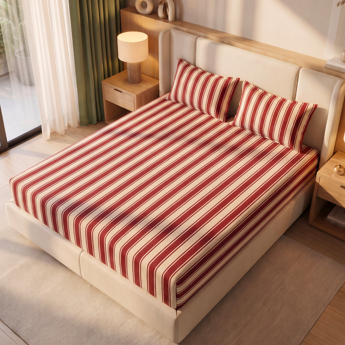 Timeless Maroon Stripe Cotton Bedsheet– 300 TC Cotton