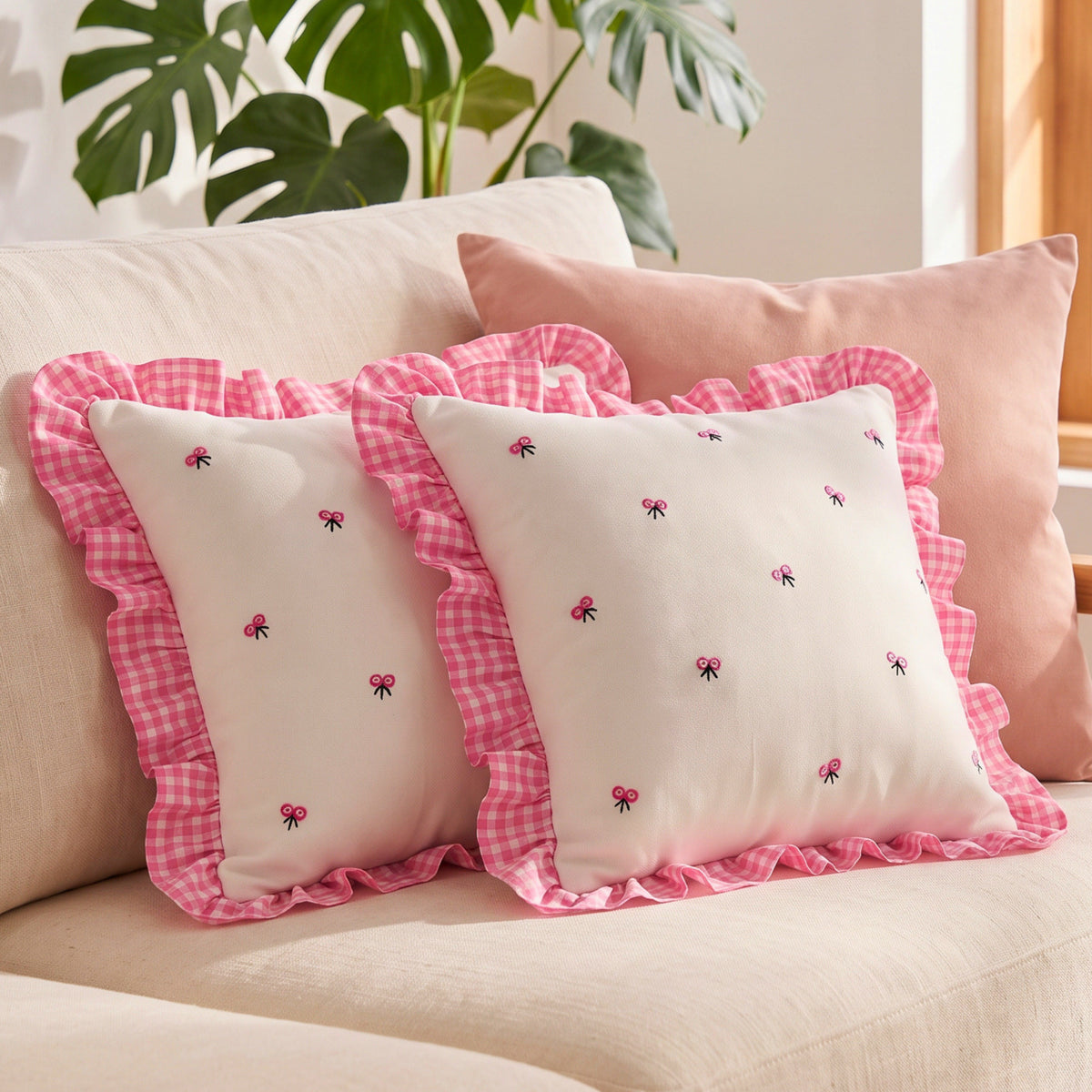 Gingham Ruffle Hand Embroidered Cushion Cover
