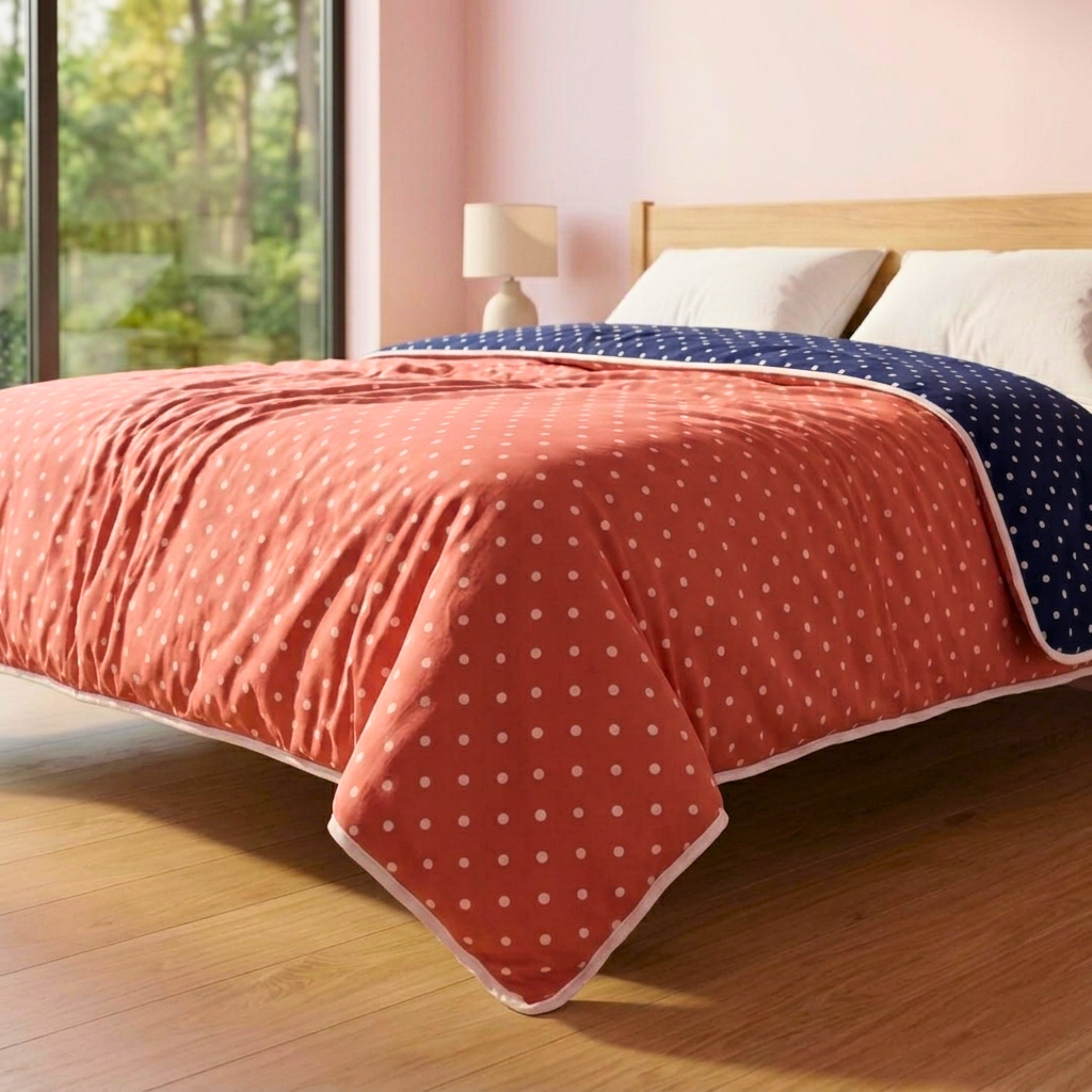 Sleepy Threads Reversible Polka Dot Dohar – Premium Soft Cotton Lightweight AC Blanket for Double Bed | Coral Pink & Navy Blue