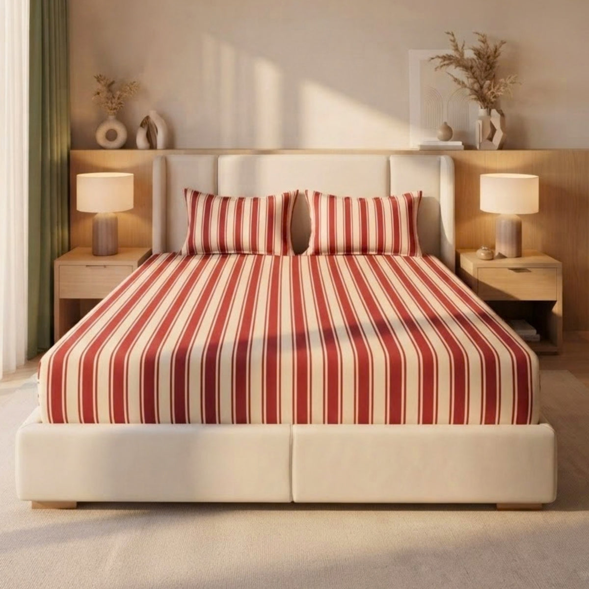 Timeless Maroon Stripe Cotton Bedsheet– 300 TC Cotton