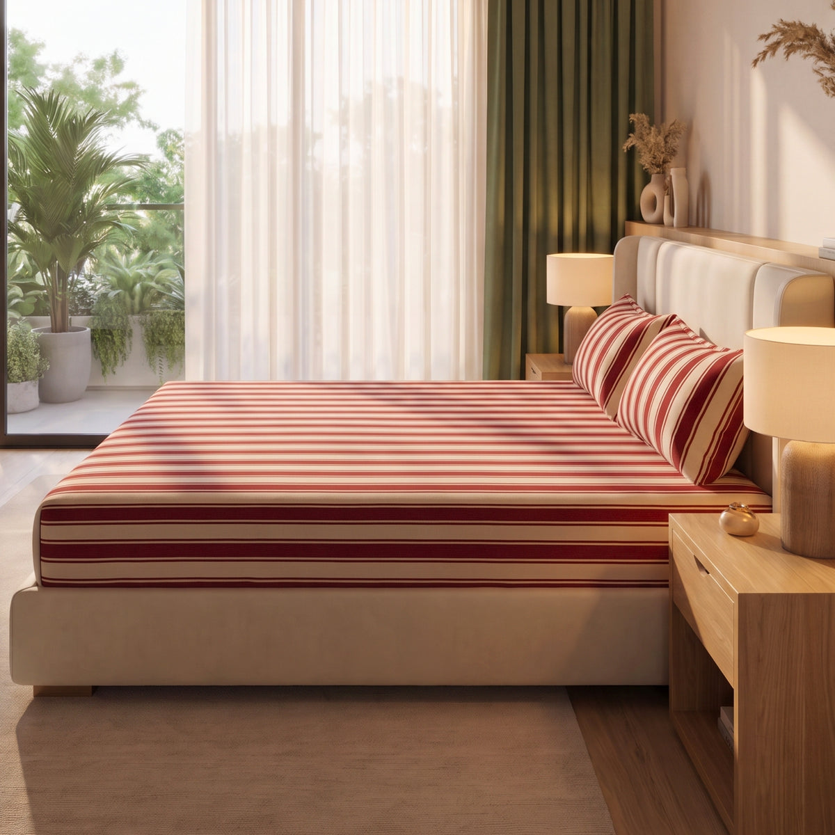 Timeless Maroon Stripe Cotton Bedsheet– 300 TC Cotton