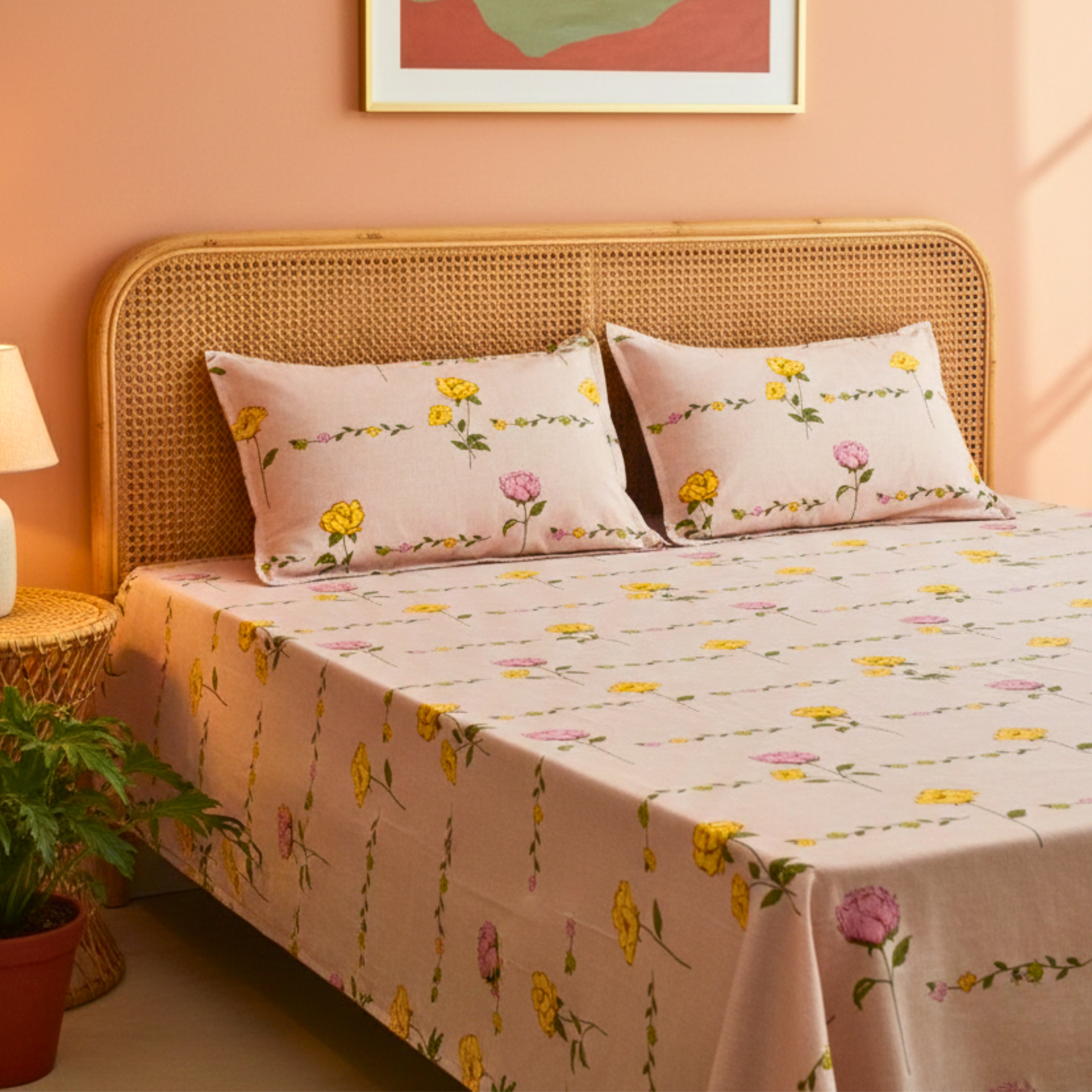 Bedsheet for Double Bed Yellow & Pink Floral Print King Size.