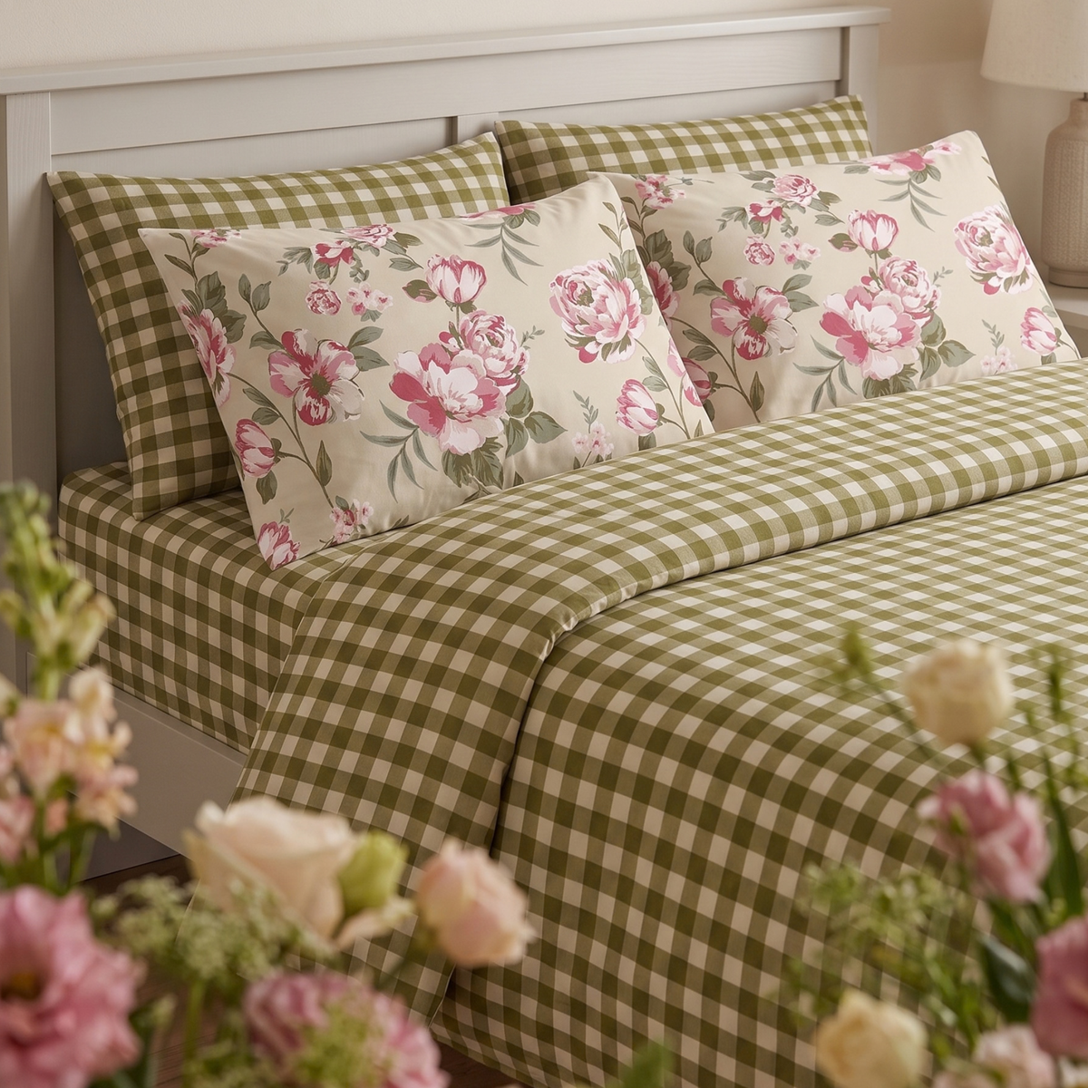 Olive Gingham Bloom 300 TC Cotton Bedsheet