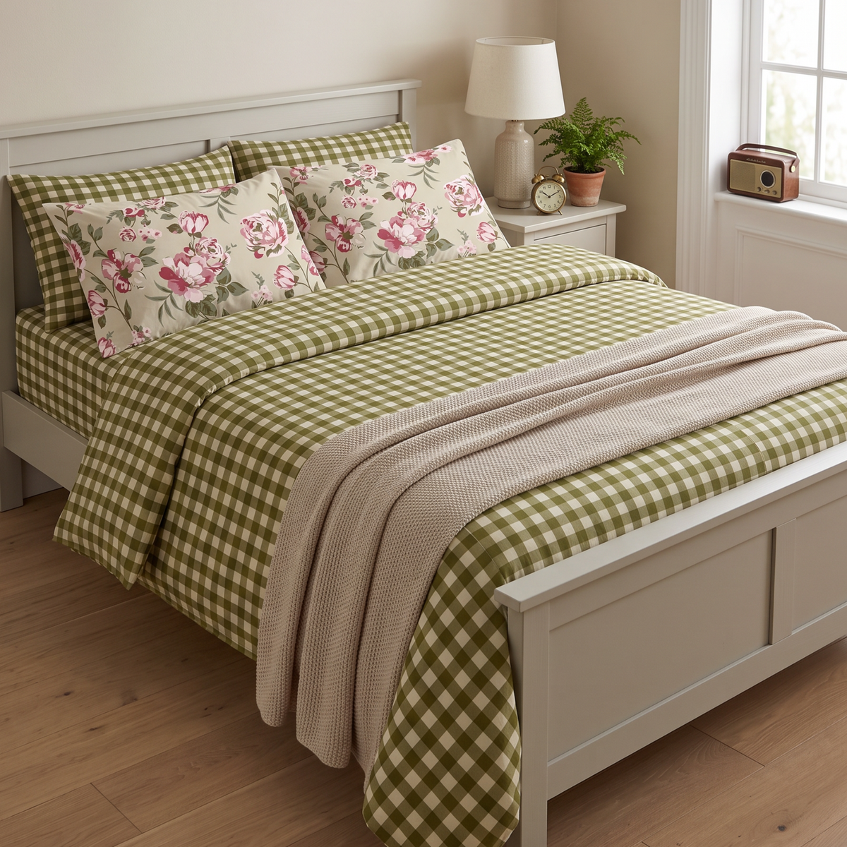 Olive Gingham Bloom 300 TC Cotton Bedsheet
