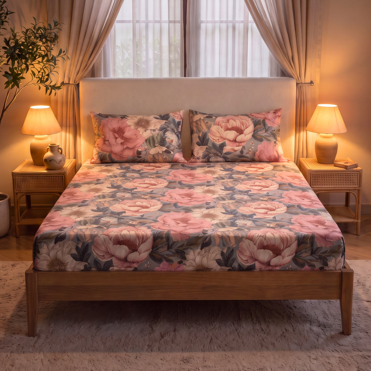 Vintage Blush Peony 350 TC Cotton Bedsheet
