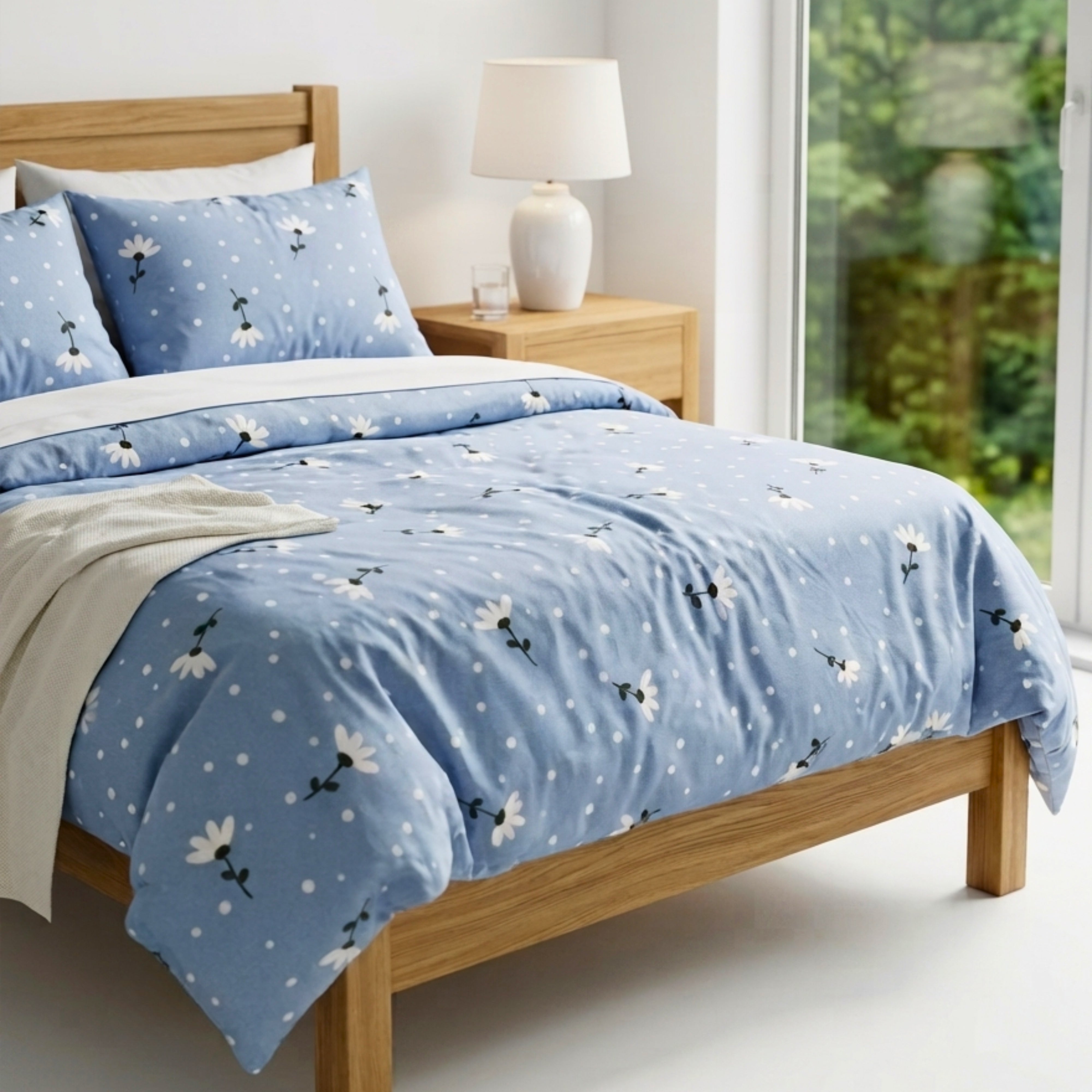 Bedsheet for Double Size Light Blue Floral & Polka Dot Print Bed Queen.