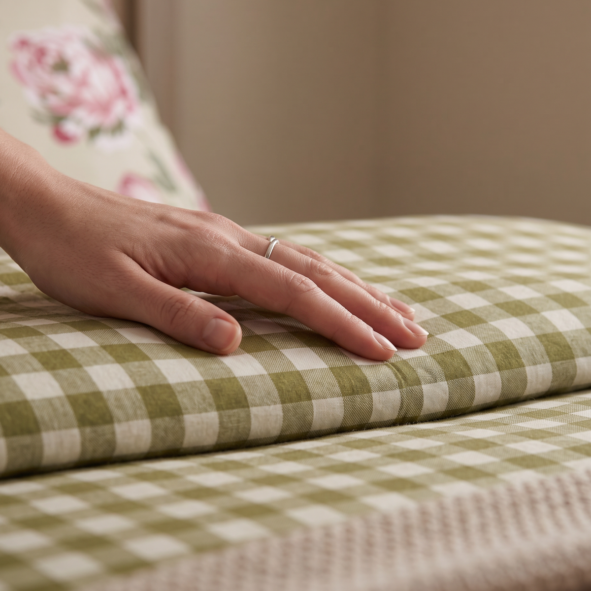 Olive Gingham Bloom 300 TC Cotton Bedsheet