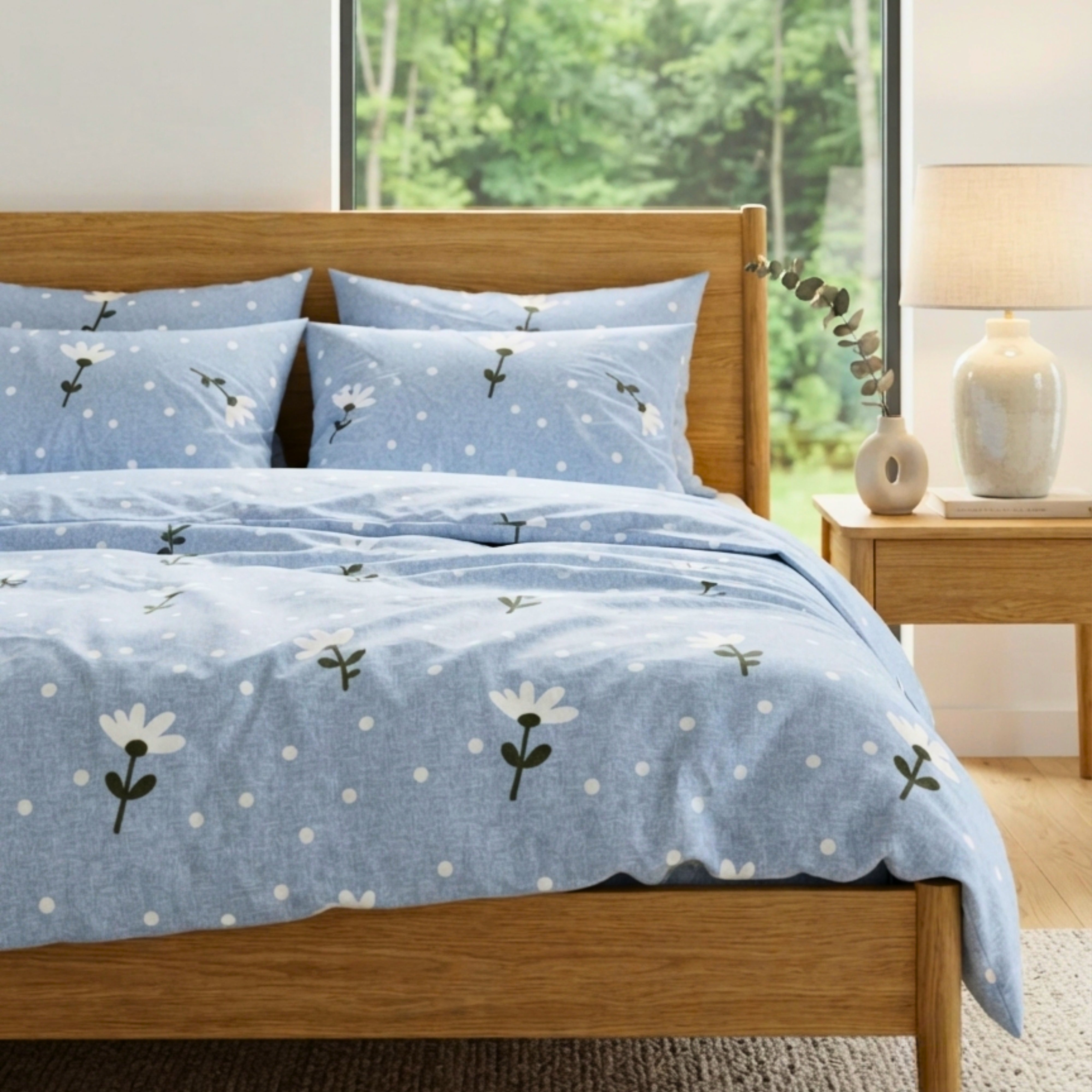 Bedsheet for Double Size Light Blue Floral & Polka Dot Print Bed Queen.