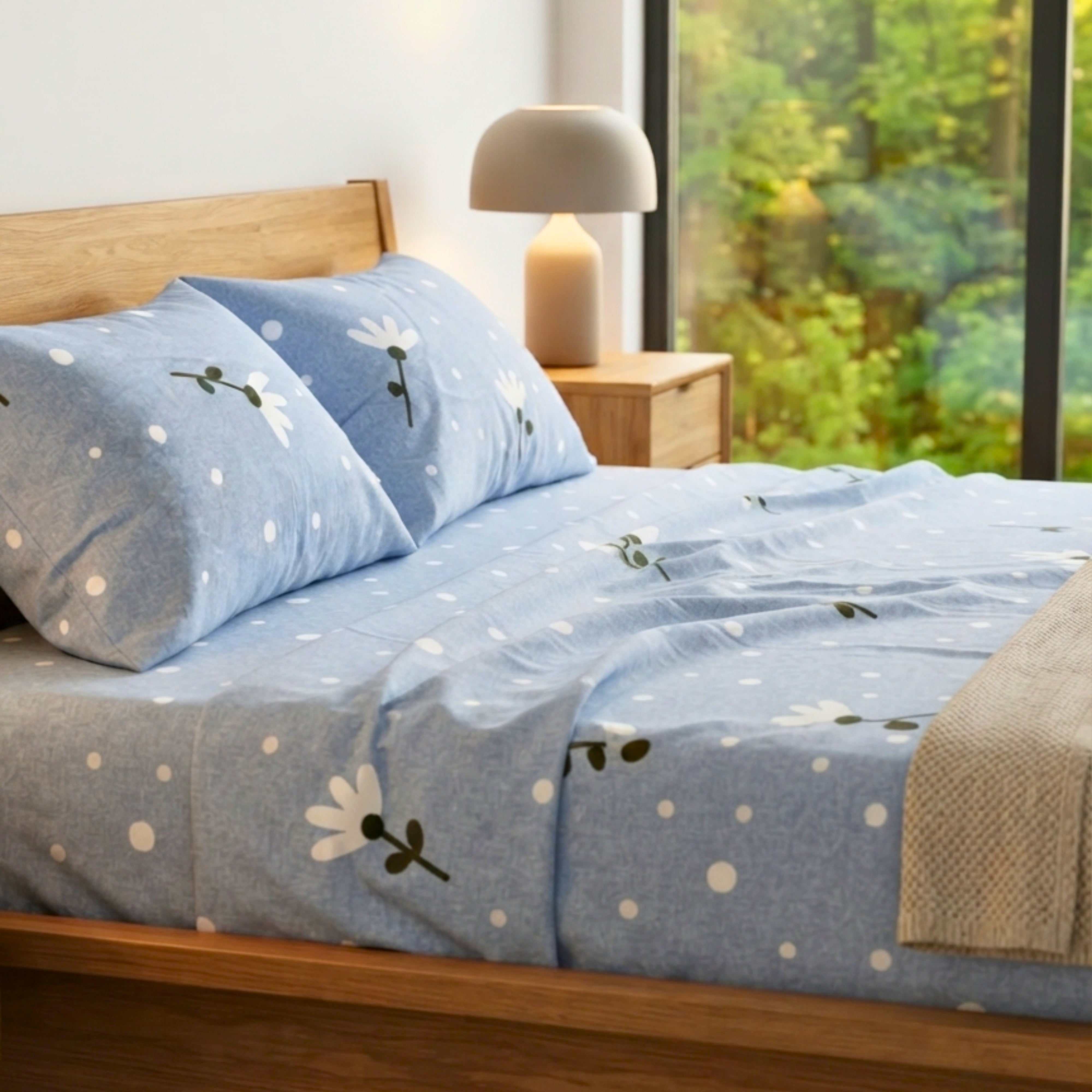 Bedsheet for Double Size Light Blue Floral & Polka Dot Print Bed Queen.