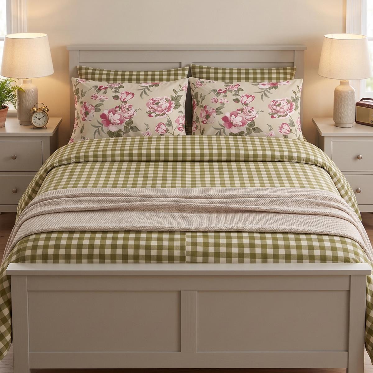 Olive Gingham Bloom 300 TC Cotton Bedsheet