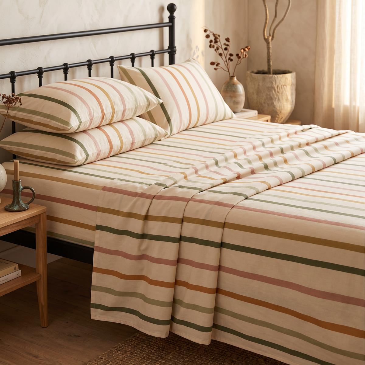 Earthy Stripes 300 TC Cotton Bedsheet