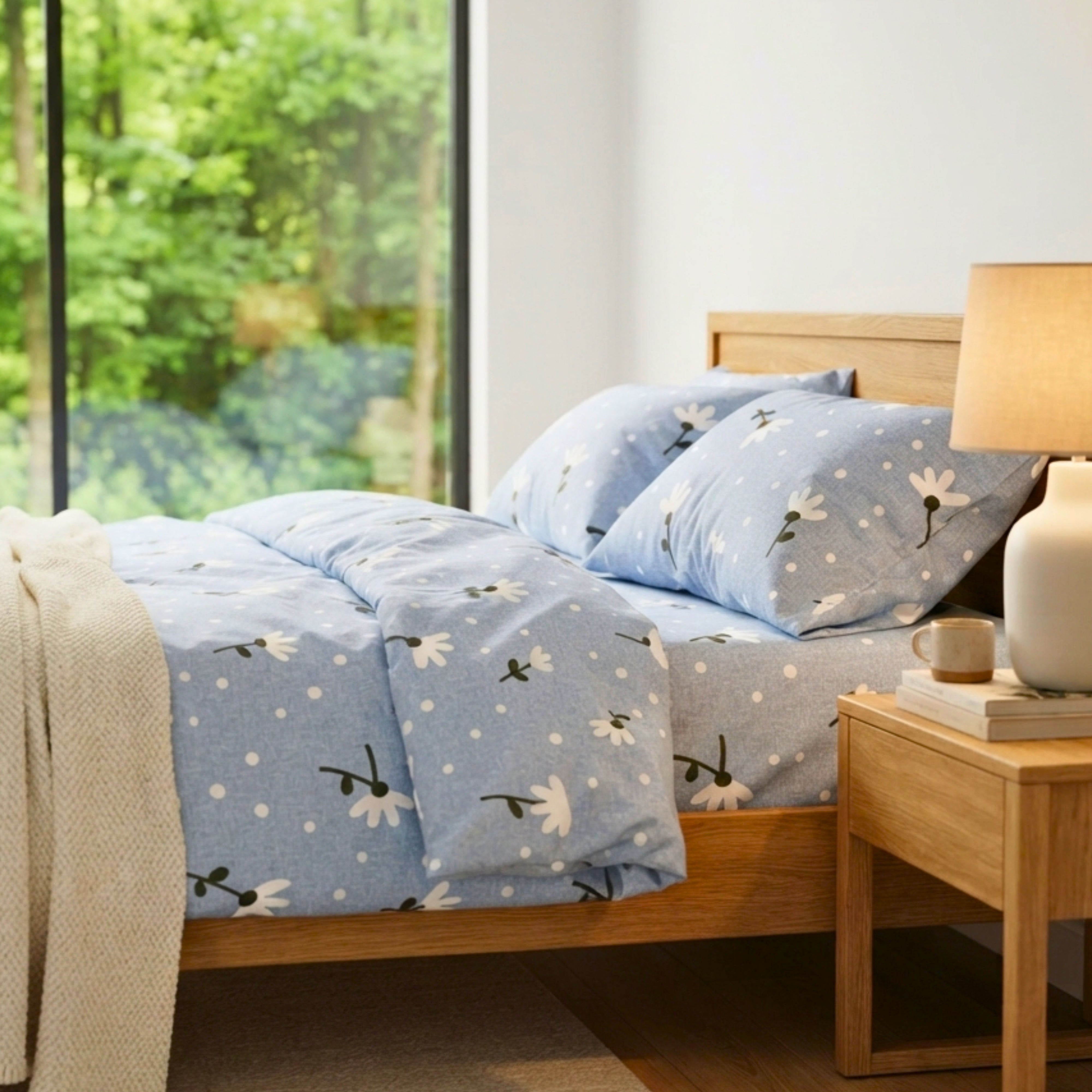 Bedsheet for Double Size Light Blue Floral & Polka Dot Print Bed Queen.