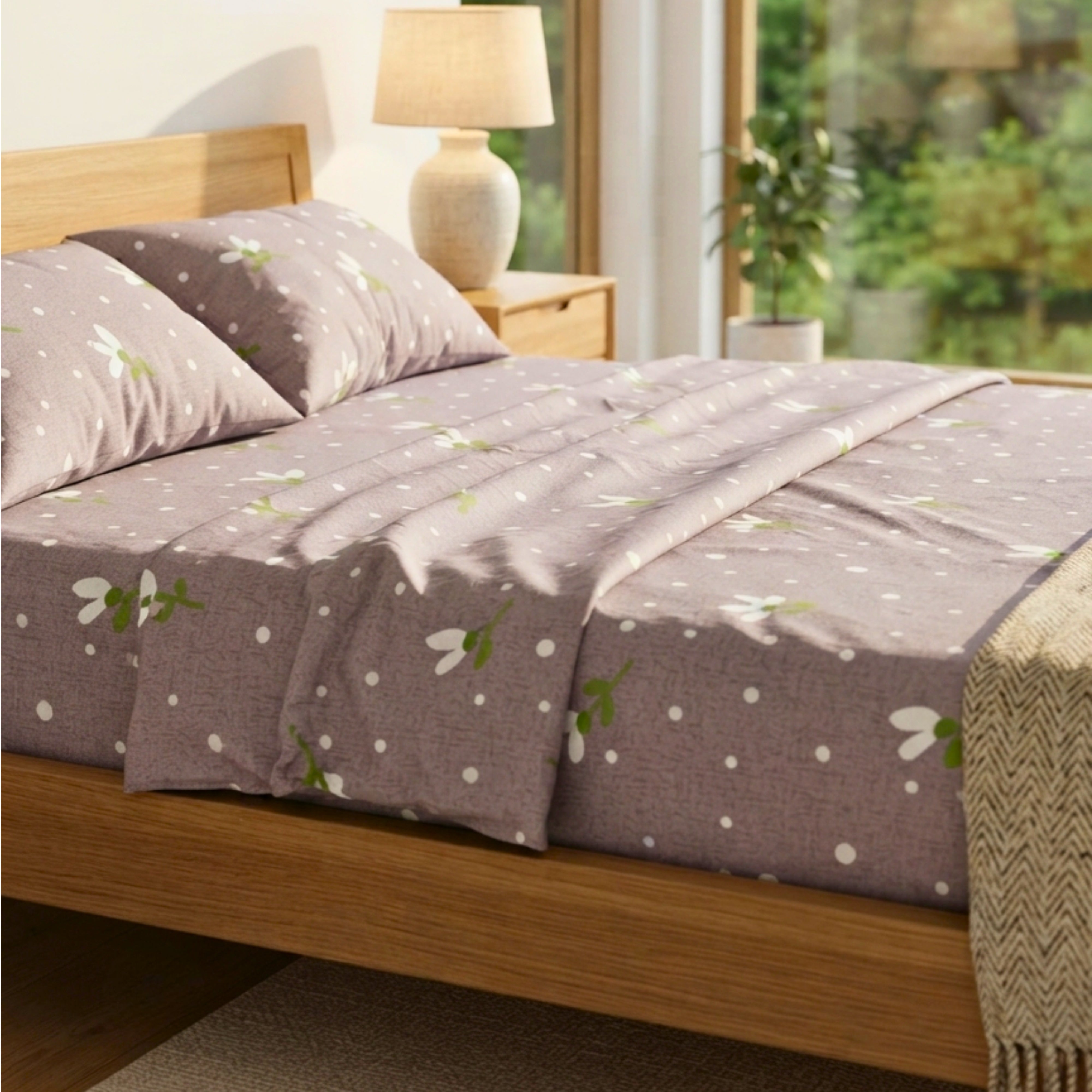 Bedsheet for Double Bed, Mauve Purple with White Floral & Polka Dot Print Queen Size.