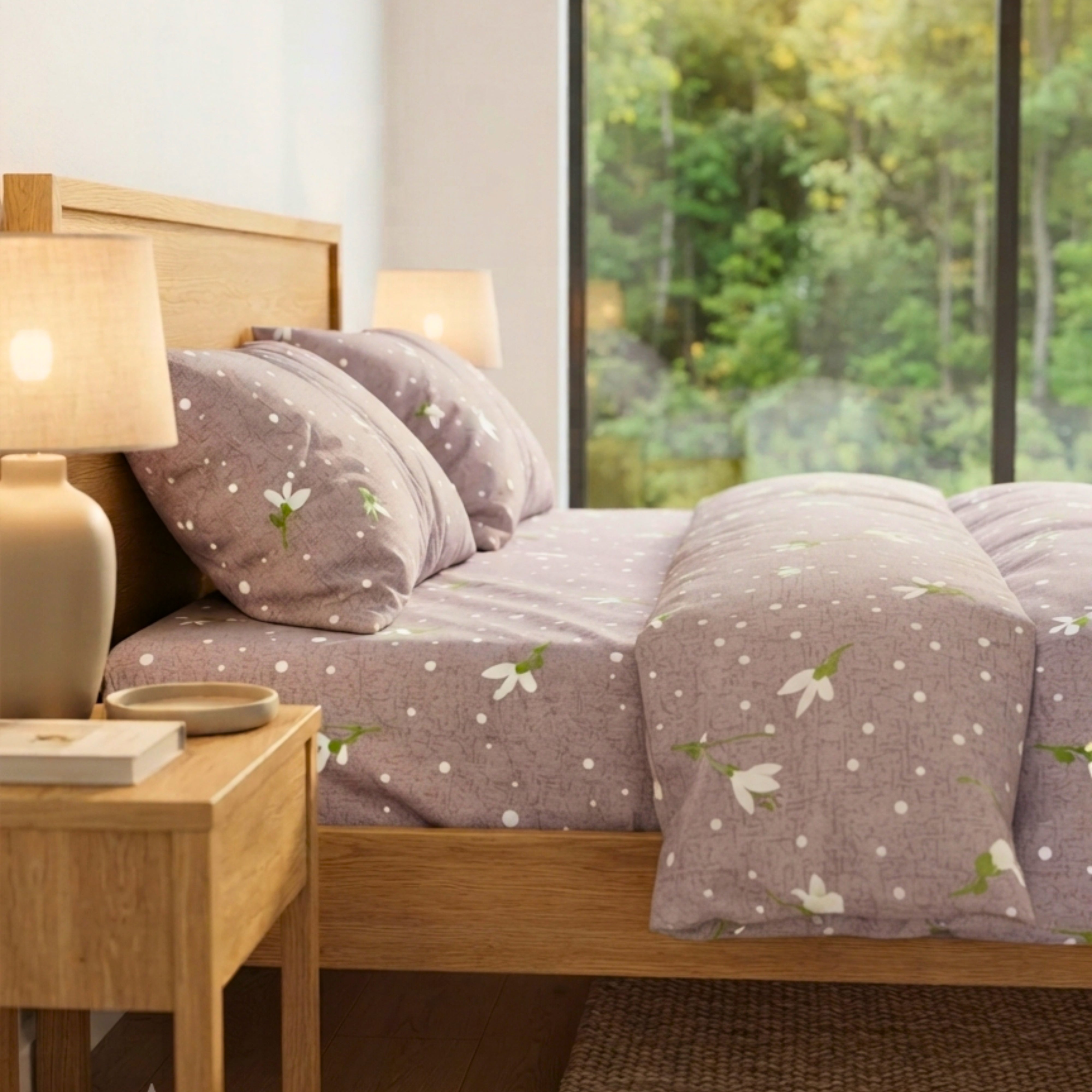 Bedsheet for Double Bed, Mauve Purple with White Floral & Polka Dot Print Queen Size.