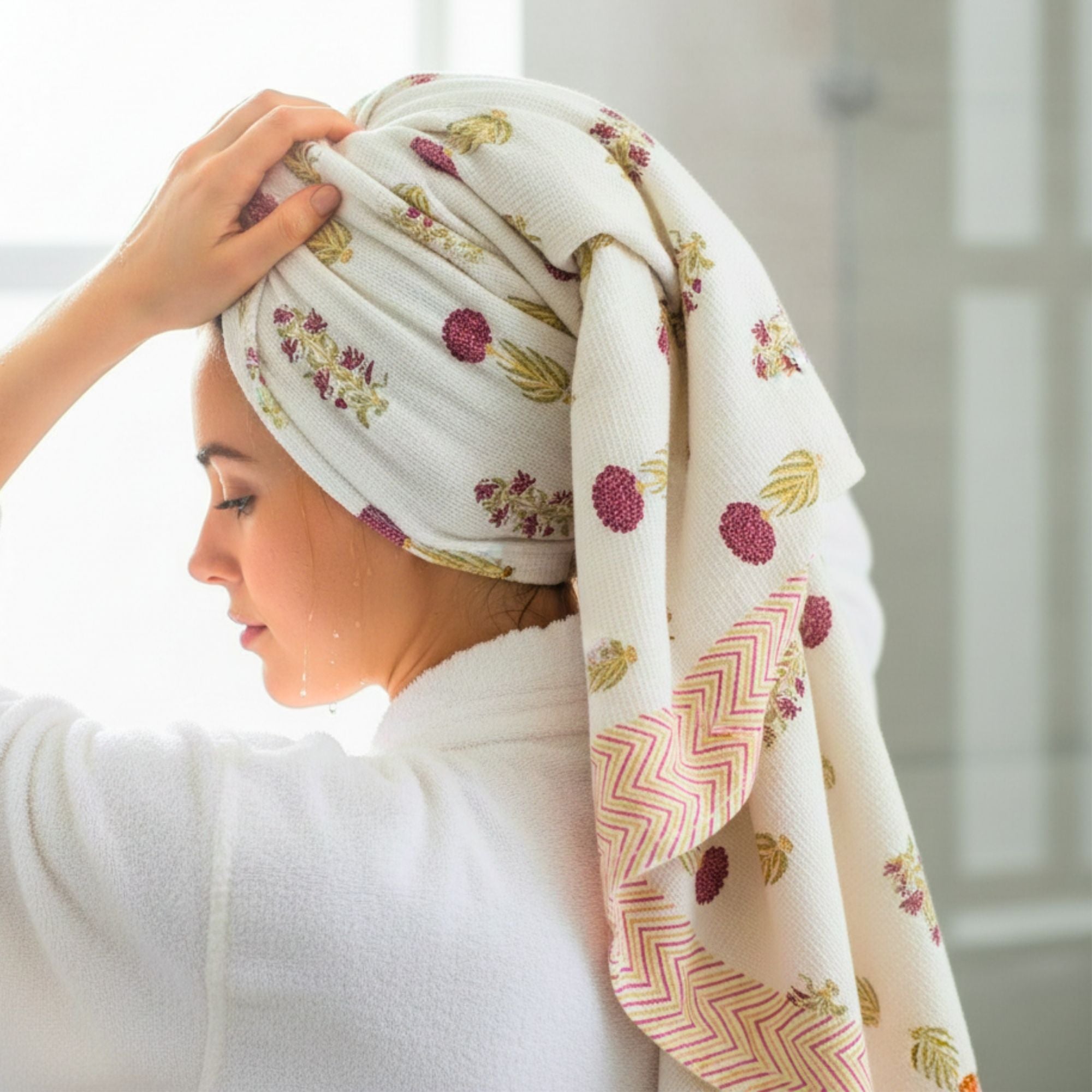 Waffle Weave Cotton Bath Towel | Hand Block Printed Pink & Gold Chevron Motif | Super Absorbent, Soft & Quick Dry Towel