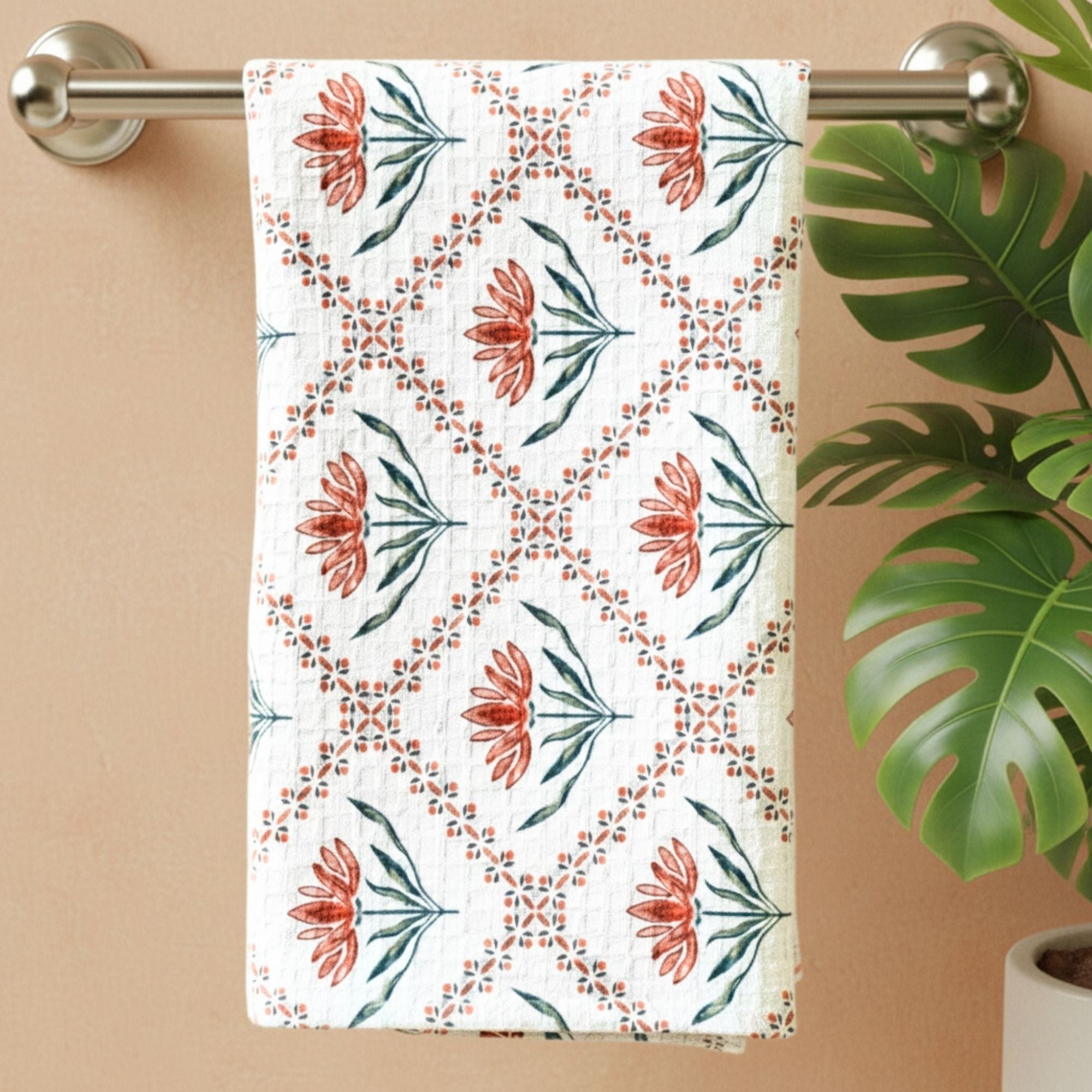 Waffle Weave Towel Set | Screen Print Red Floral Diamond Geometric | Super Absorbent Bath Towel 2 Hand Towels