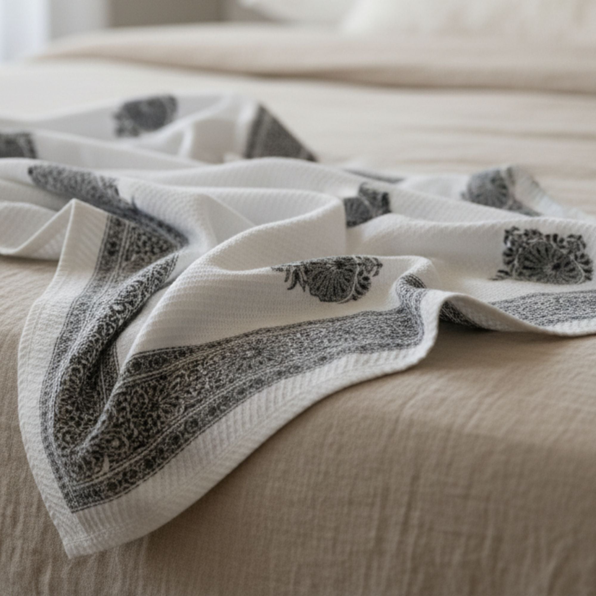 Waffle Weave Cotton Bath Towel | Hand Block Printed Indigo Blue Floral Motif | Super Absorbent, Soft & Quick Dry Bath